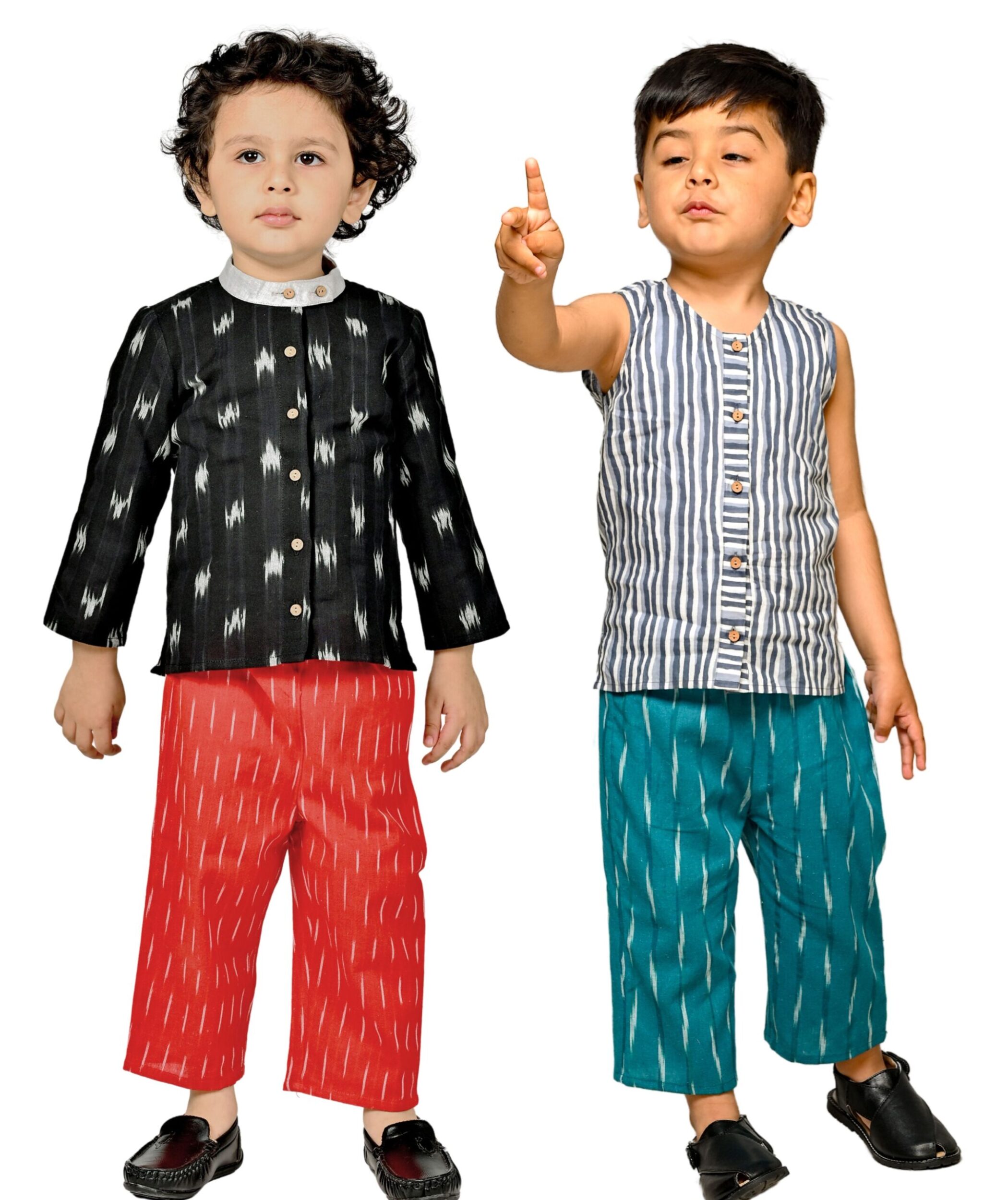 Baby Boys Cotton Shirt With Pant – Black:Red & Grey:Green Combo Set
