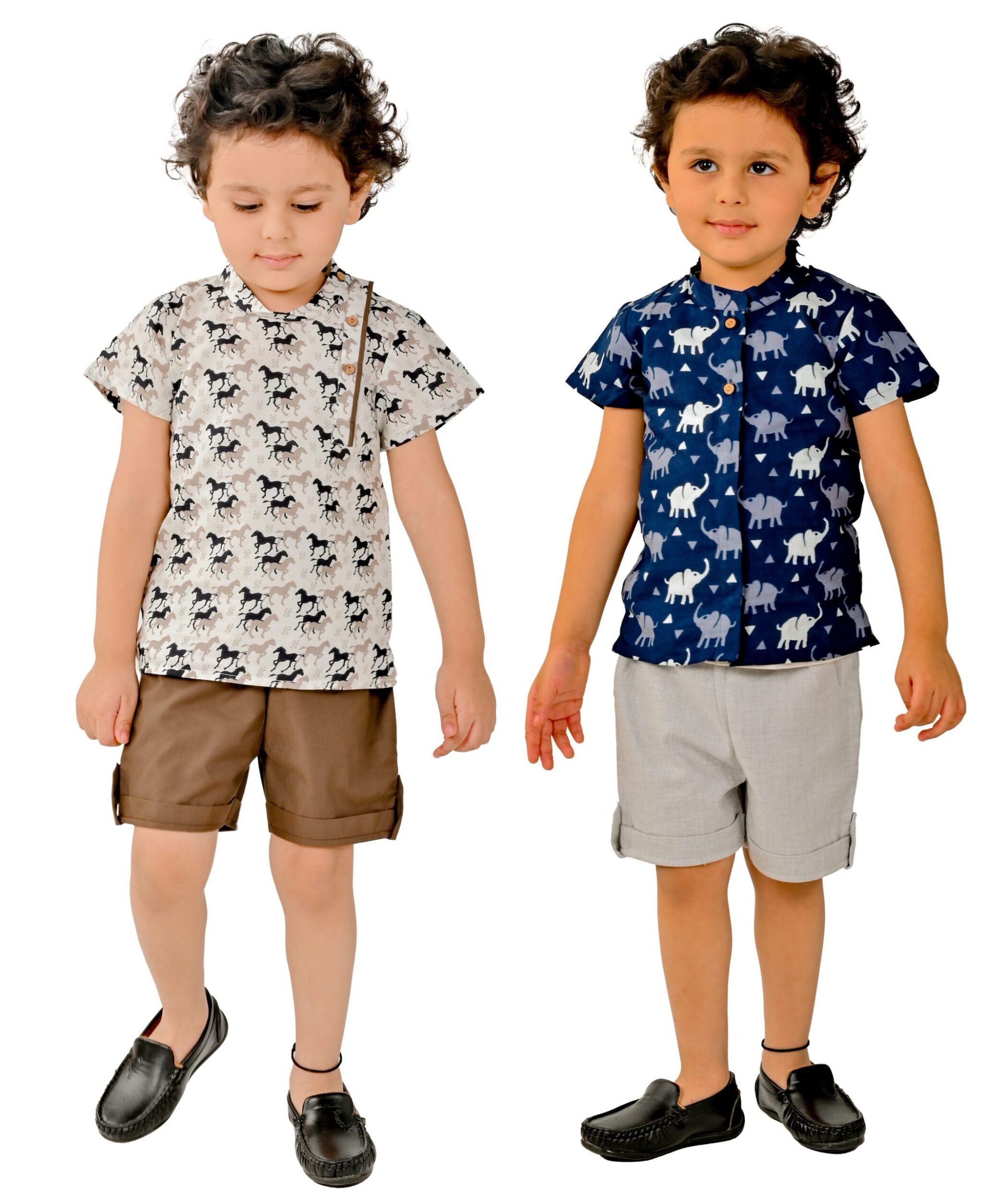 Baby Boys Cotton Shirt With Pant – White:Brown & Blue:Grey Combo Set
