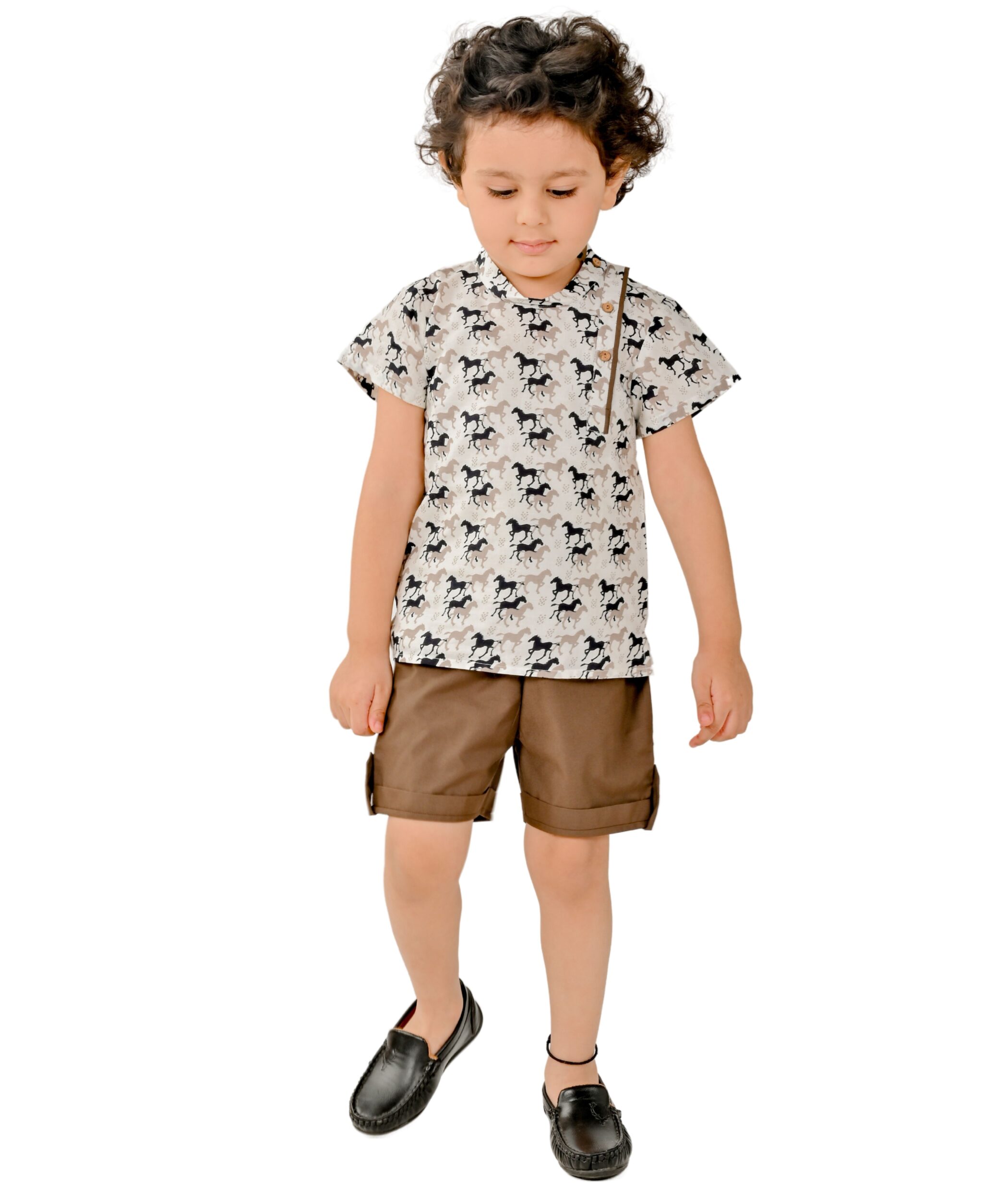 Baby Boys Cotton Shirt With Shorts - White & Brown Clothing Set