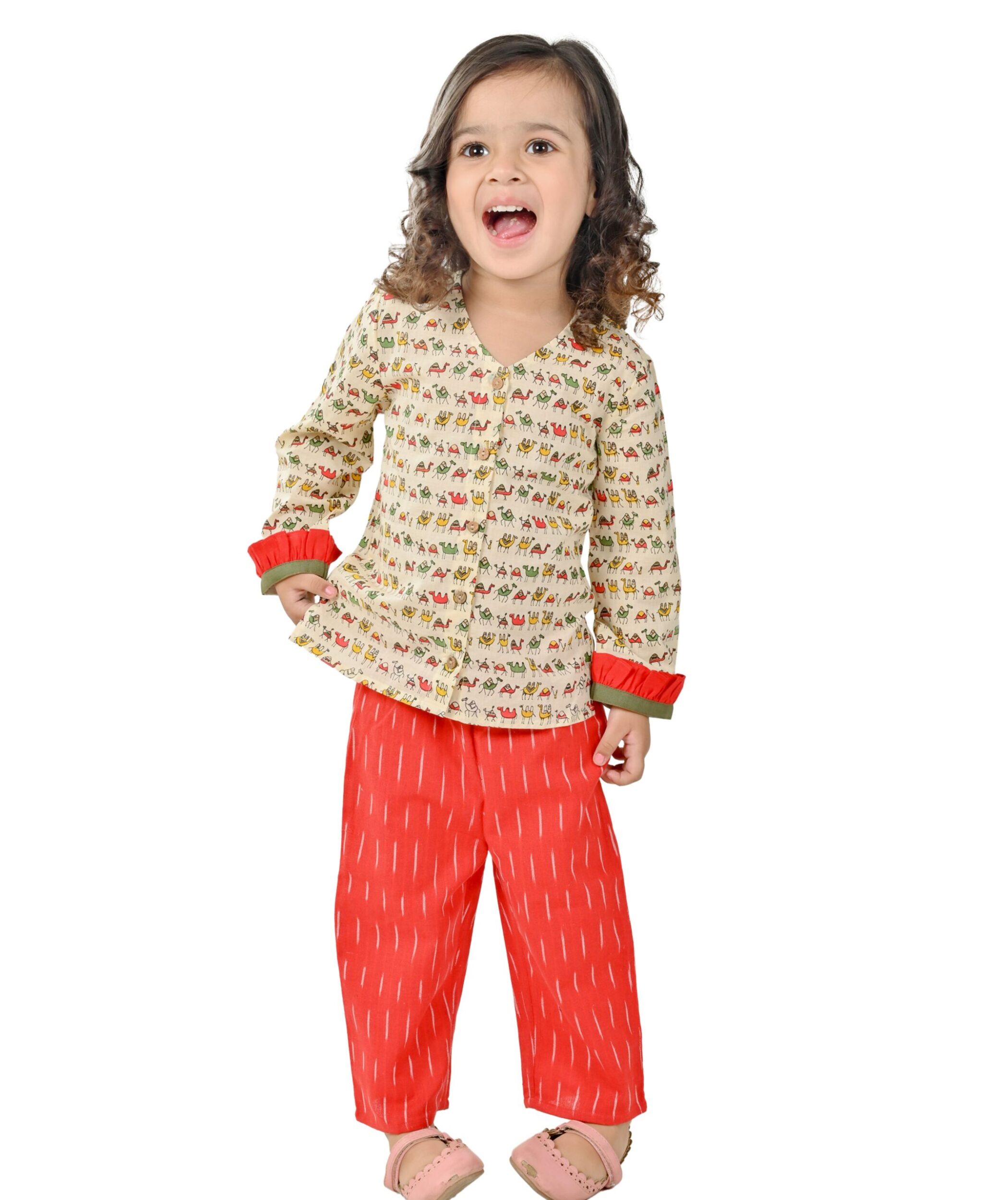 Baby Girls Cotton Top With Pant - Beige & Red Clothing Set