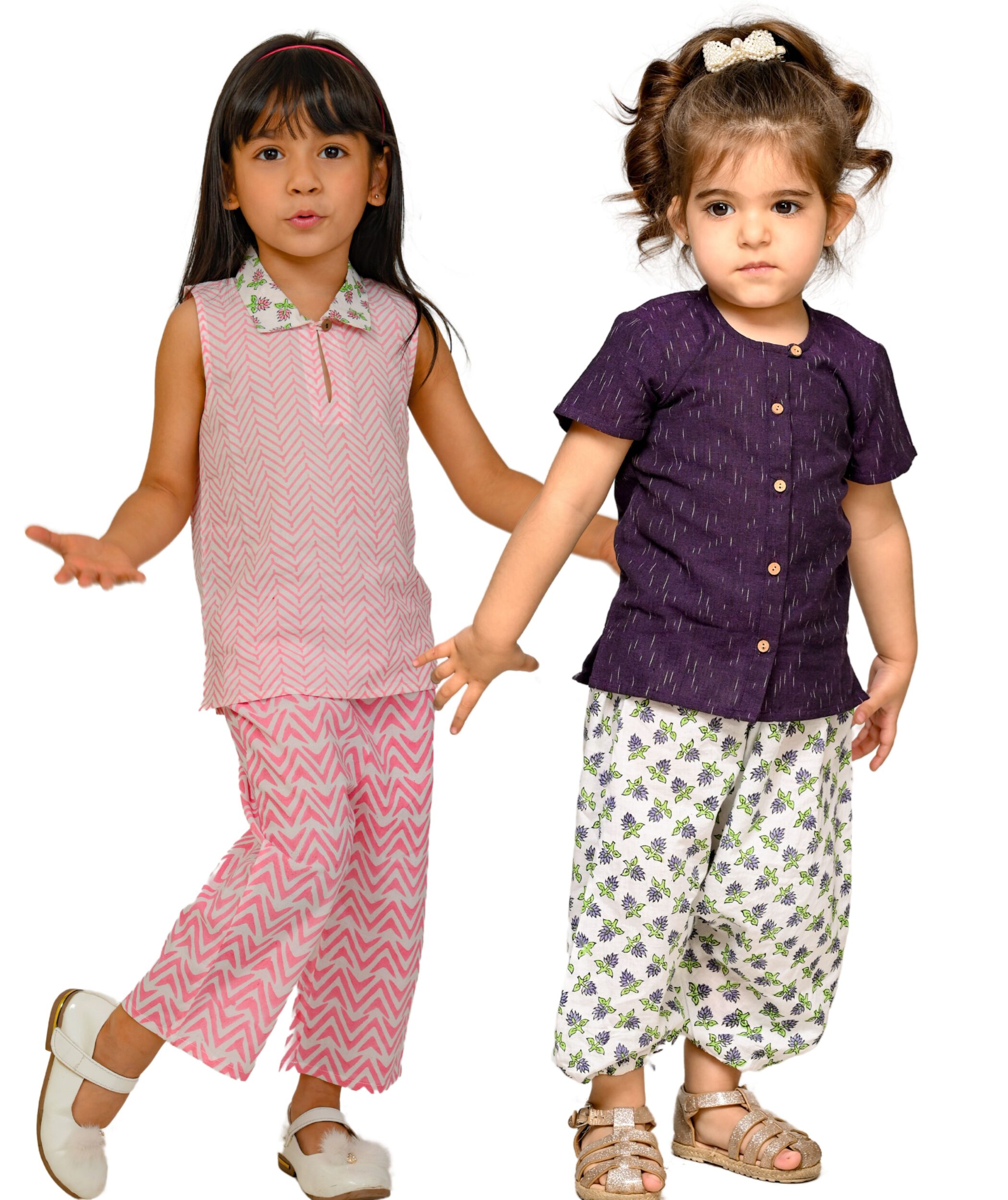 Baby Girls Cotton Clothes Top With Pant - White:Pink & Purple:White Combo Set