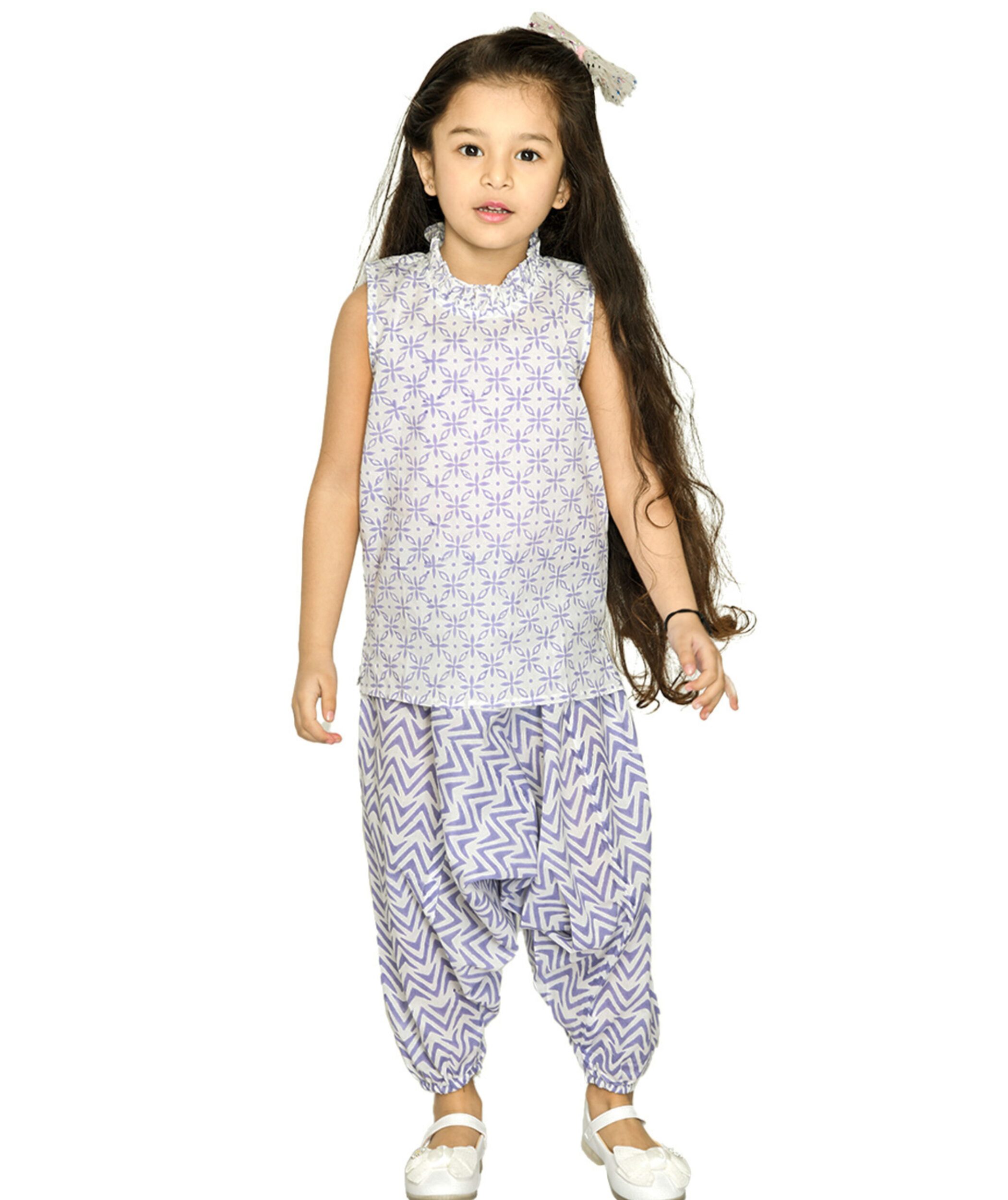 Baby Girls Cotton Top With Pant - White & Purple Clothing Set