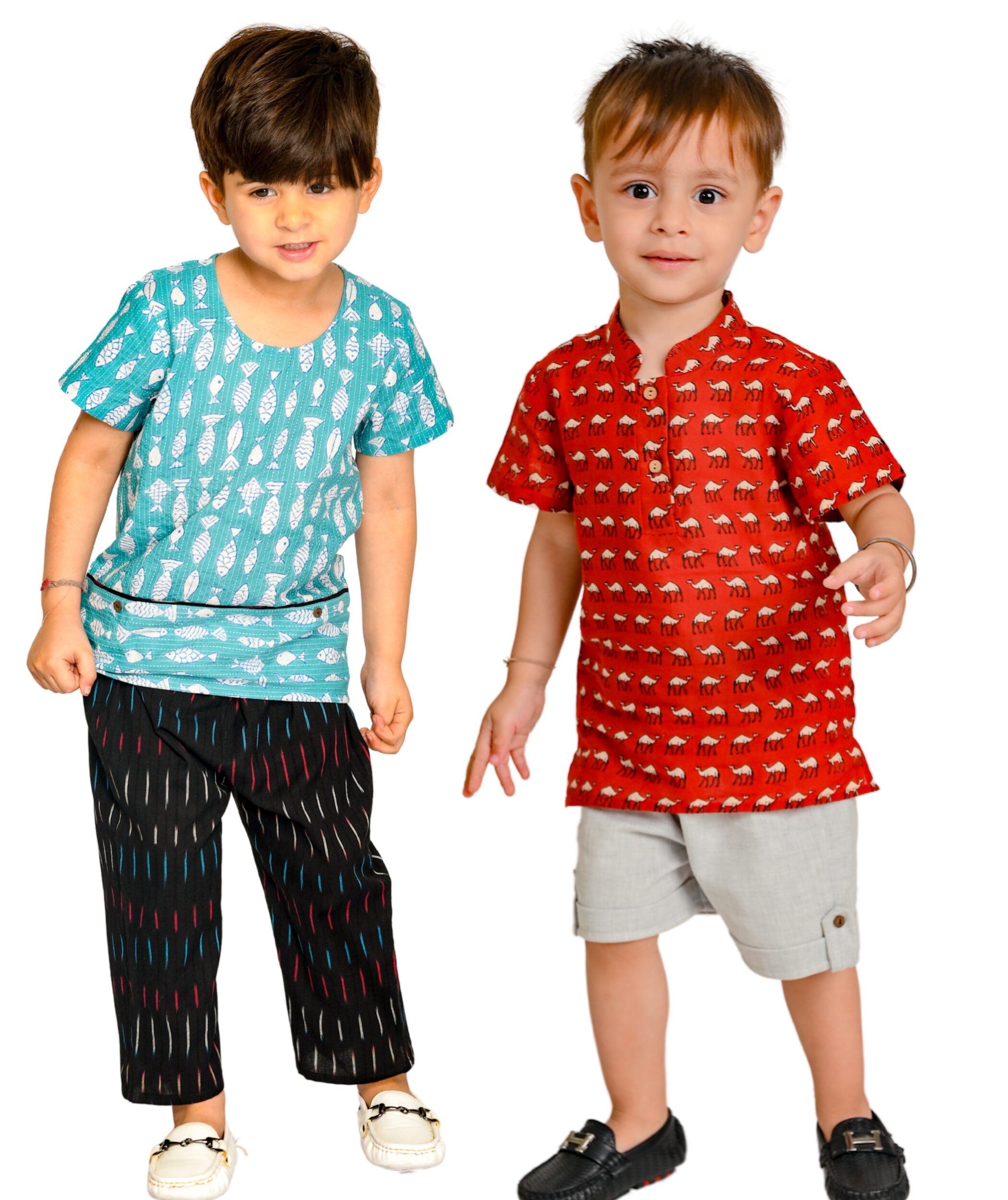 Baby Boys Cotton Shirt With Pant - Blue:Black & Red:Grey Combo Set