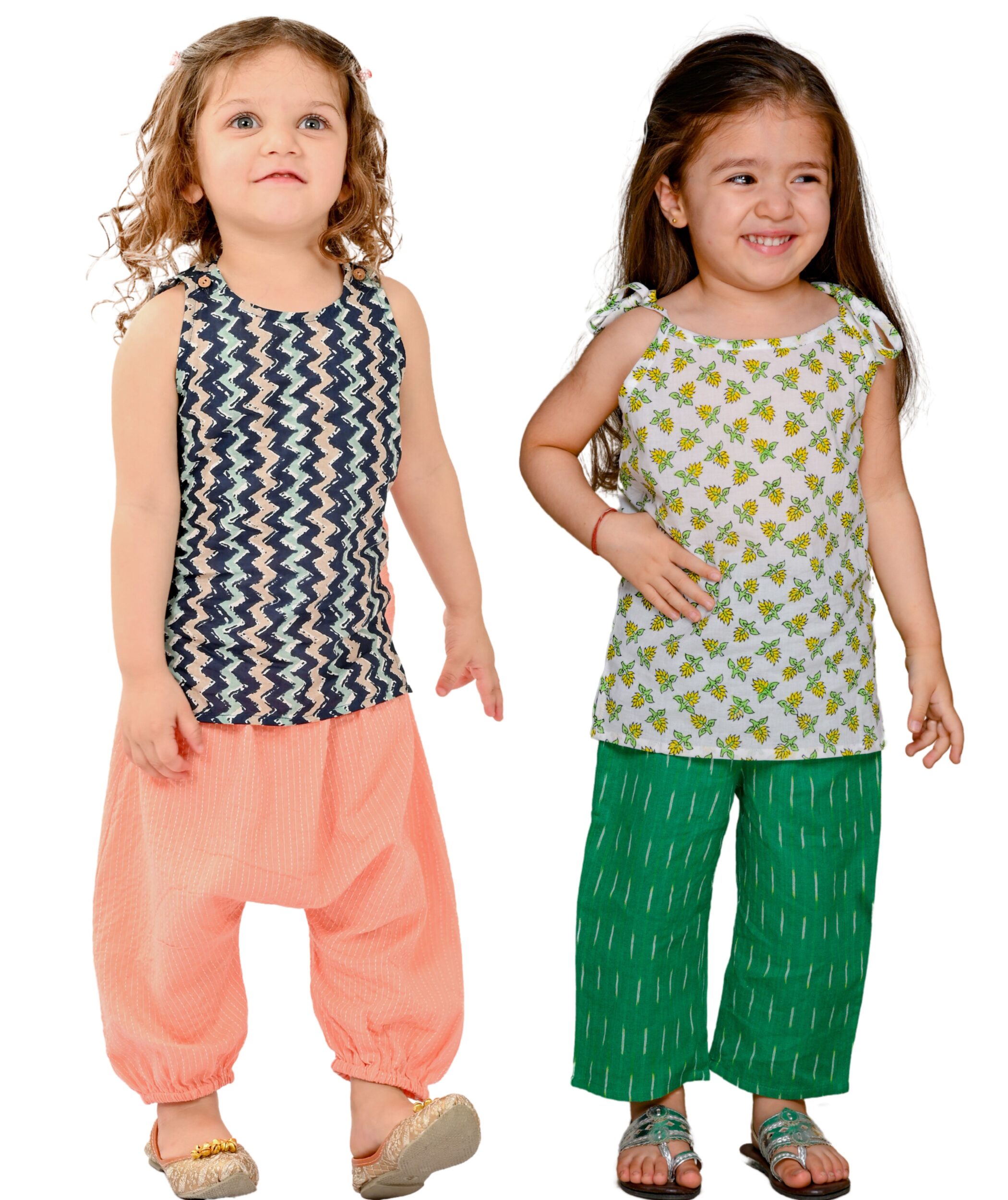 Baby Girls Cotton Clothes Top With Pant - White:Green & Blue:Peach Combo Set