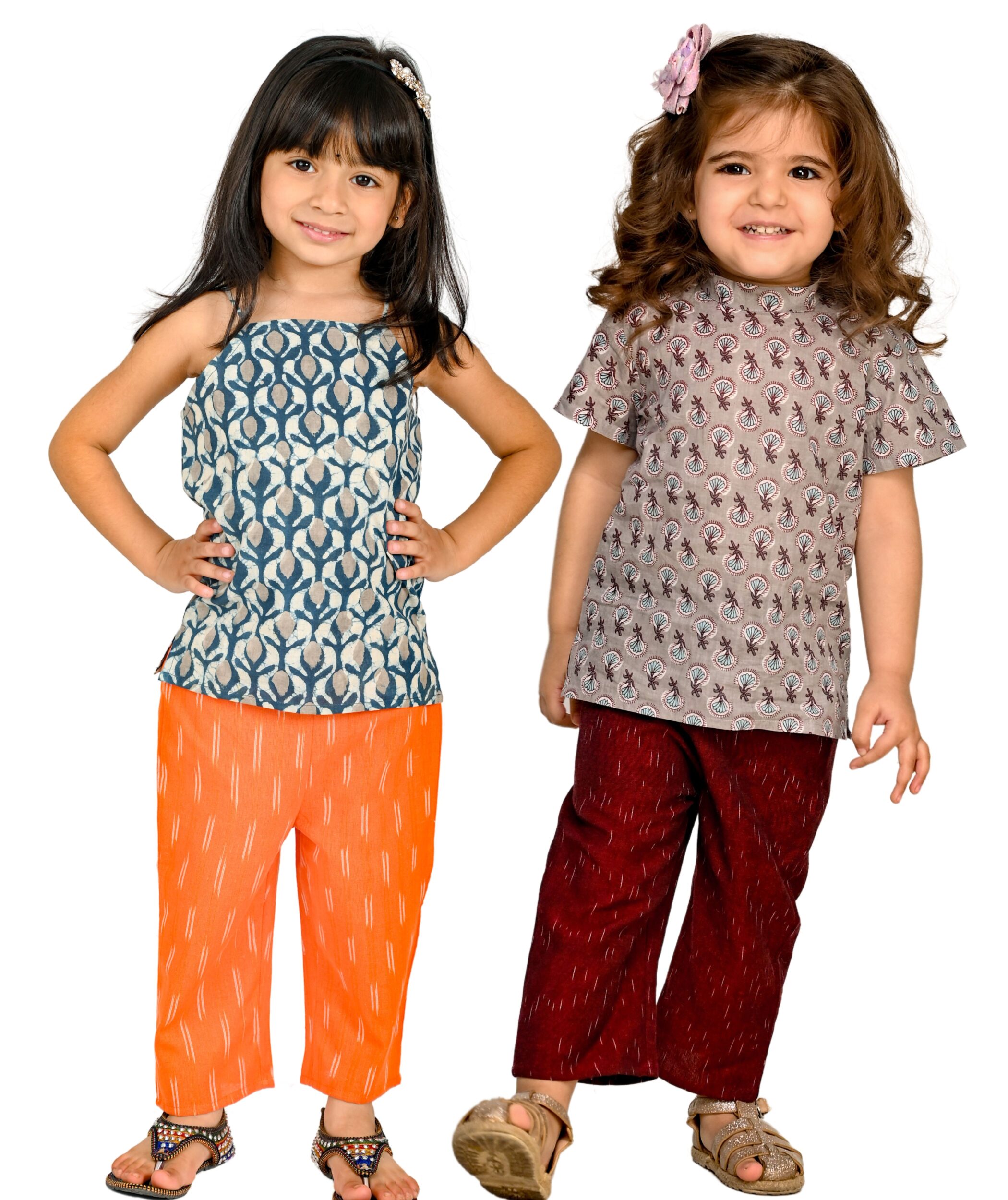 Baby Girls Cotton Clothes Top With Pant - Blue:Orange & Grey:Maroon Combo Set