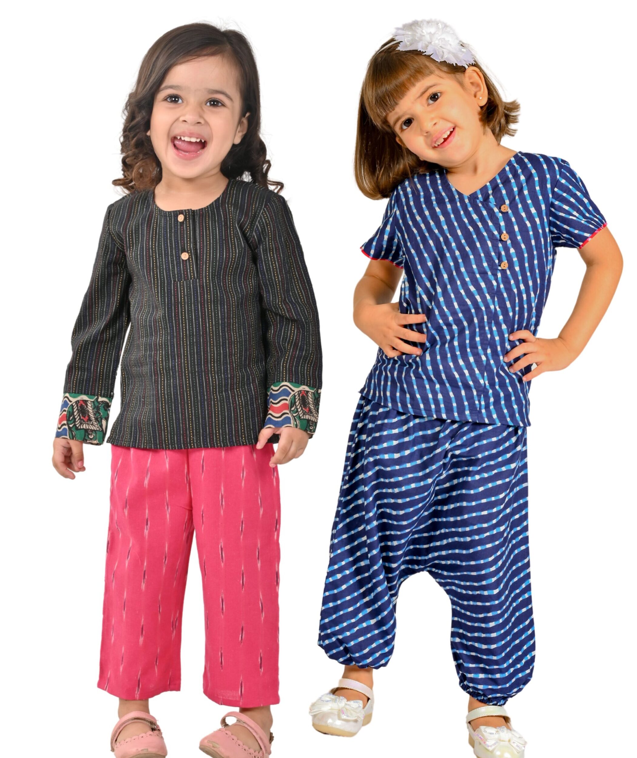 Baby Girls Cotton Clothes Top With Pant - Black:Pink & Blue Combo Set