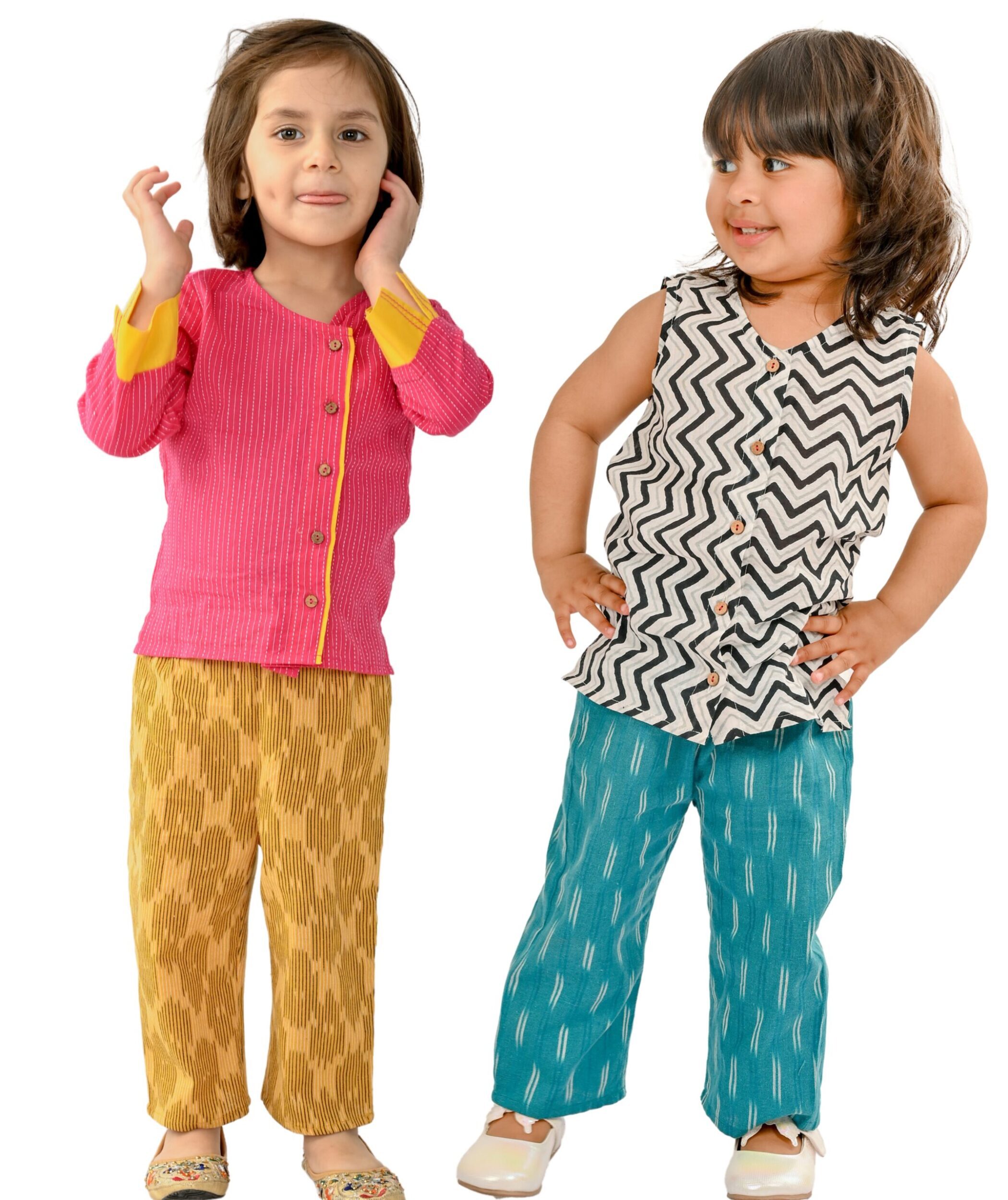 Baby Girls Cotton Clothes Top With Pant - Pink:Yellow & White:Blue Combo Set
