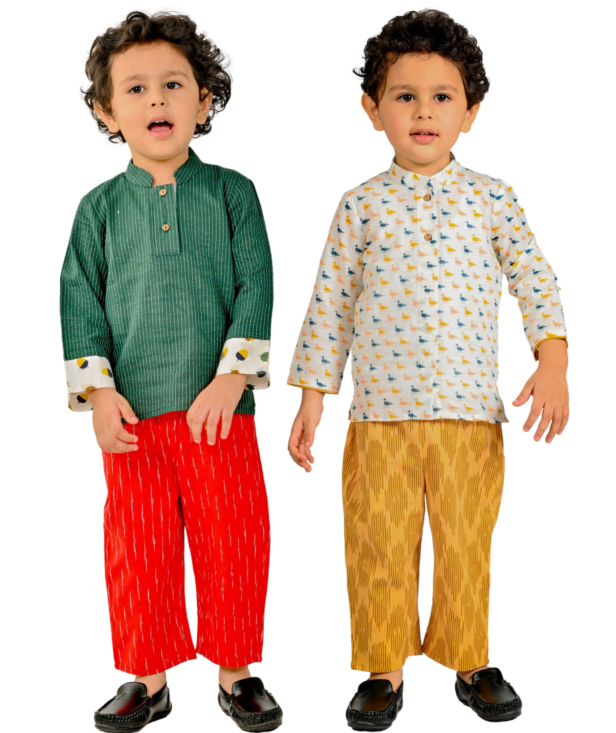 Baby Boys Cotton Shirt With Pant -Green:Red & White:Yellow Combo Set