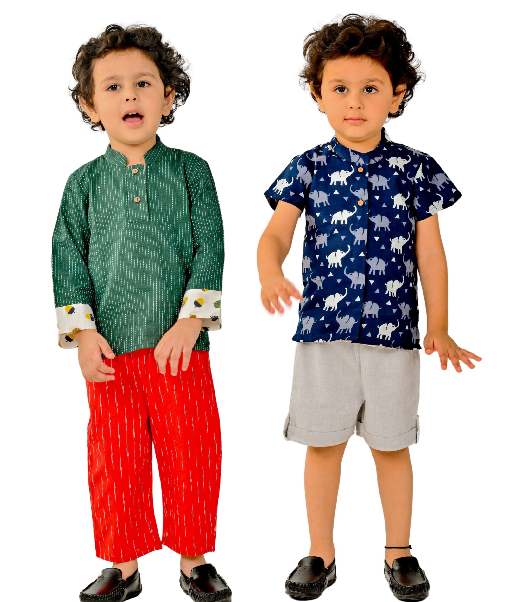 Baby Boys Cotton Shirt With Pant - Green:Red & Blue:Grey Combo Set