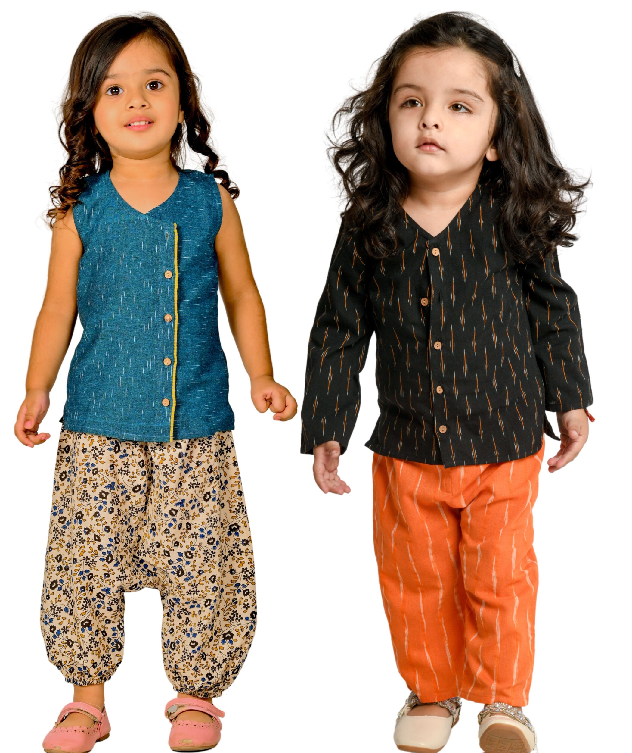 Baby Girls Cotton Clothes Top With Pant - Blue:Beige & Black:Orange Combo Set