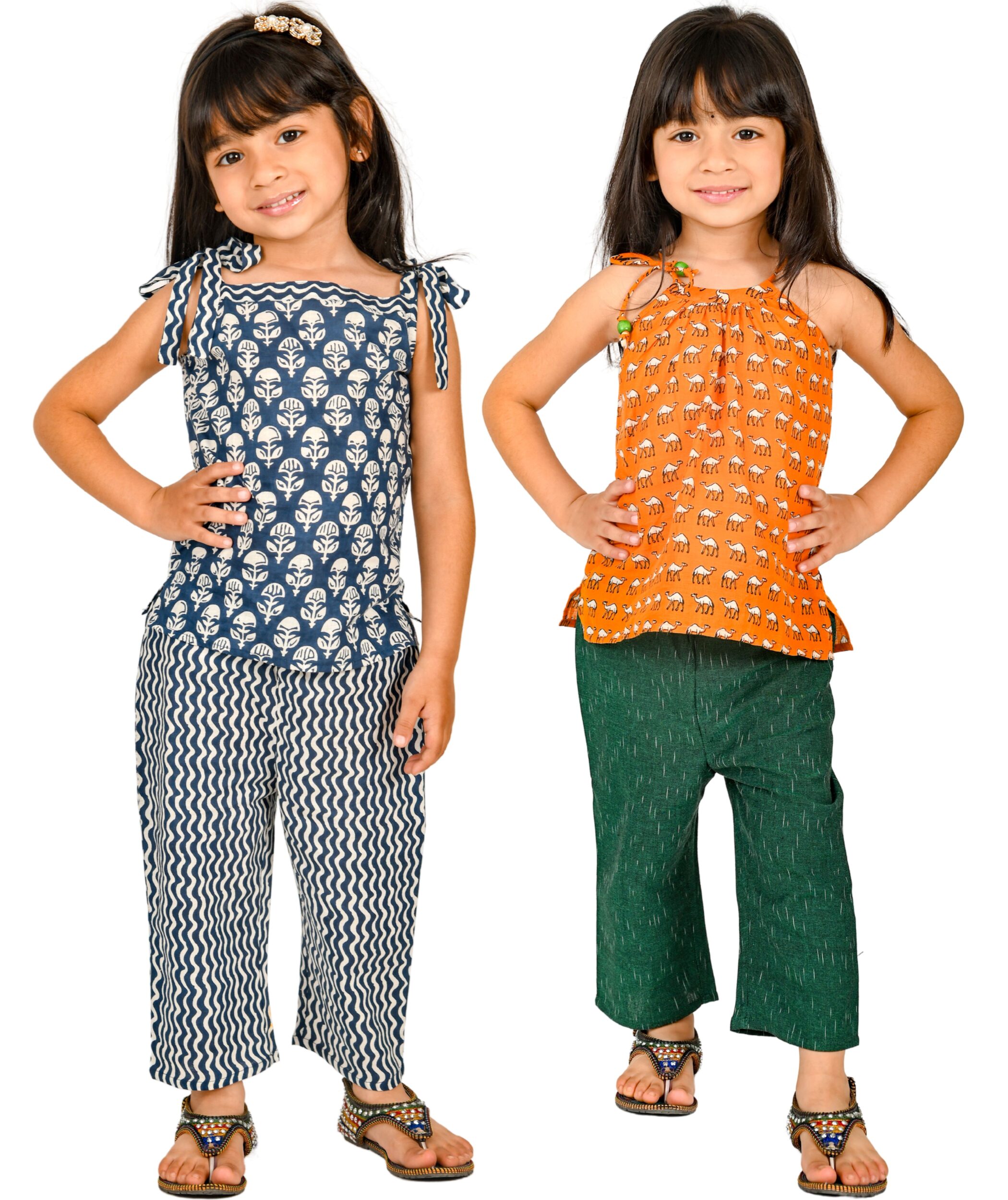 Baby Girls Cotton Clothes Top With Pant - White:Blue & Orange:Green Combo Set