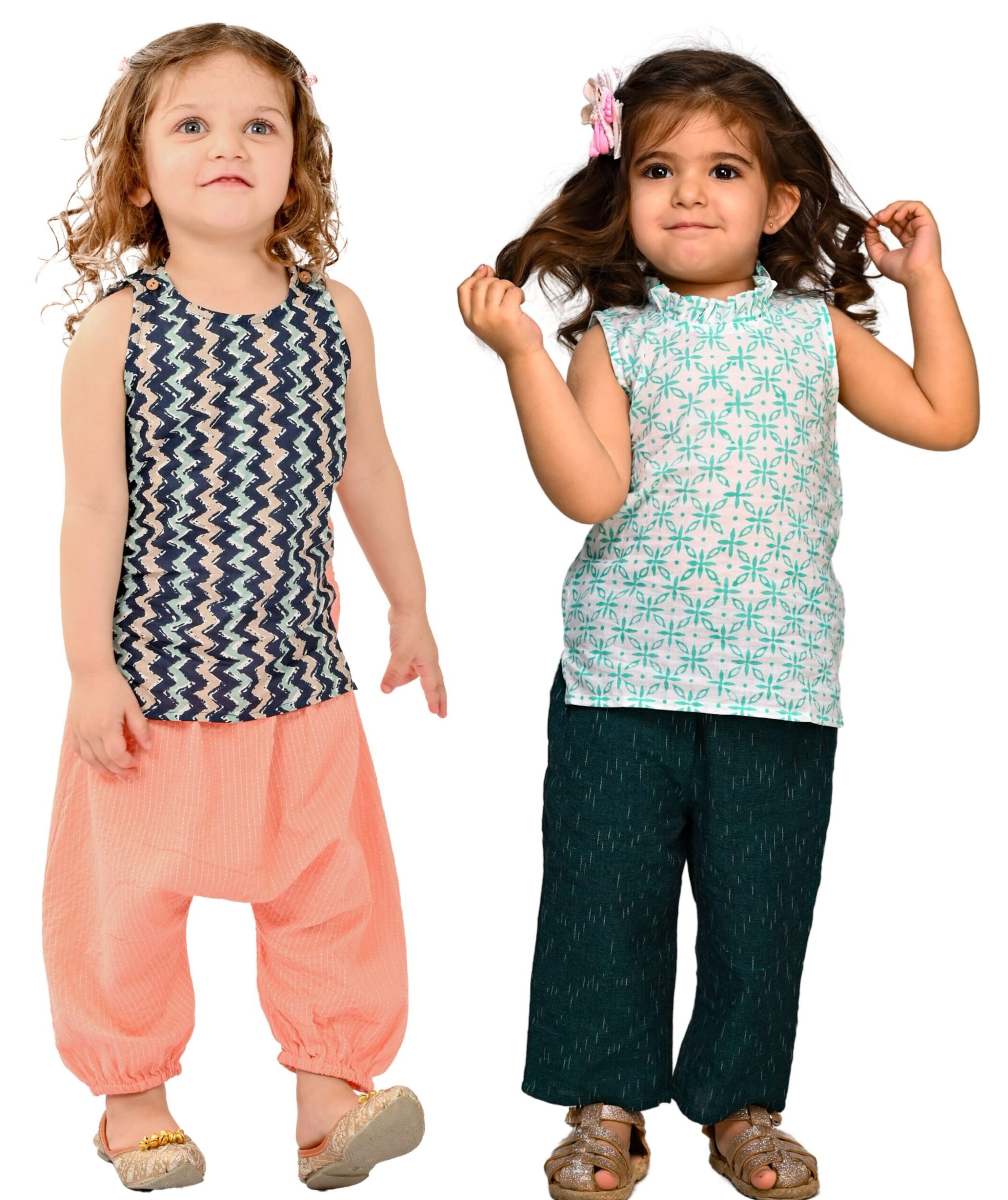 Baby Girls Cotton Clothes Top With Pant - Blue:Peach & White:Green Combo Set