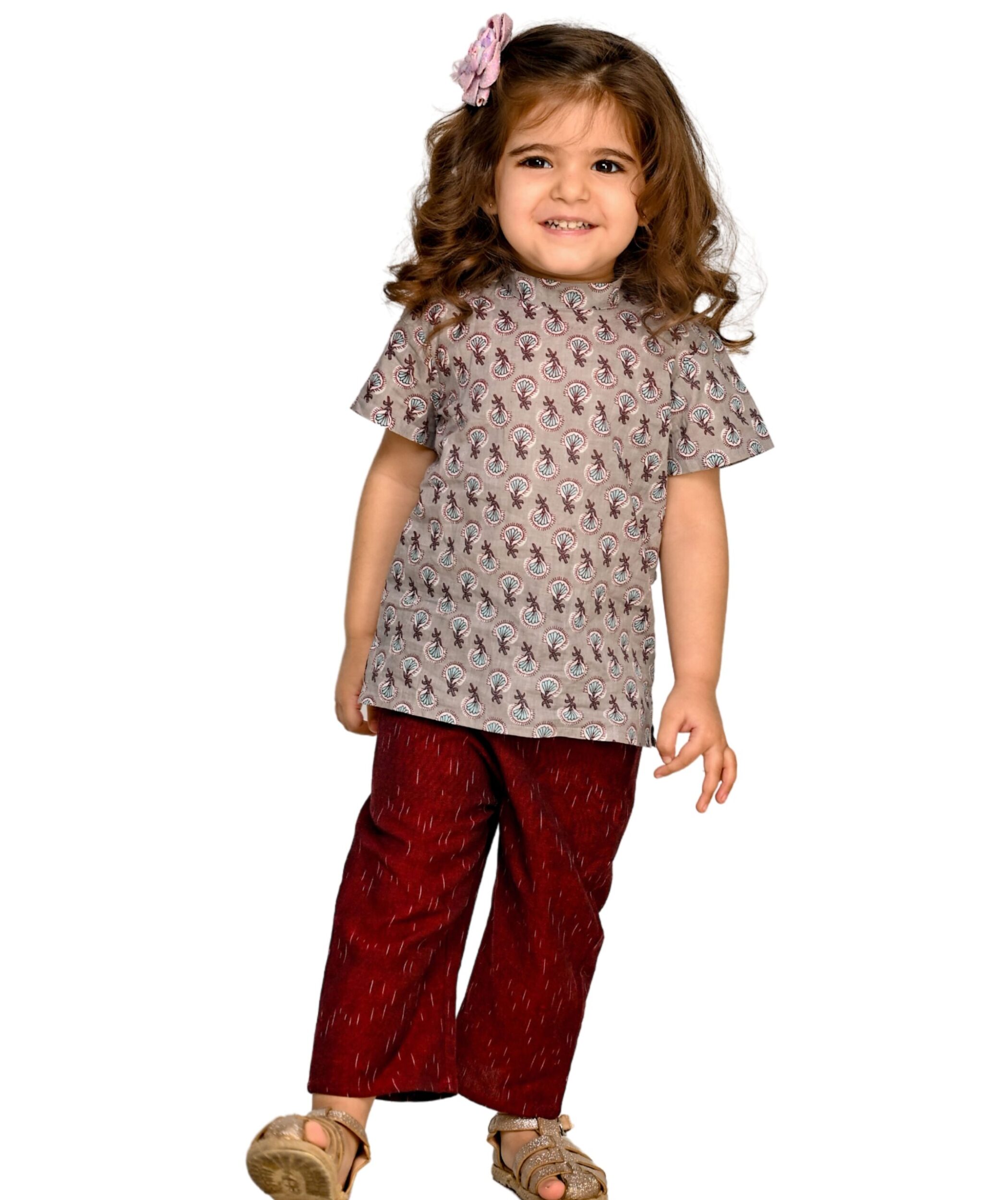 Baby Girls Cotton Top With Pant - Grey & Maroon Clothing Set
