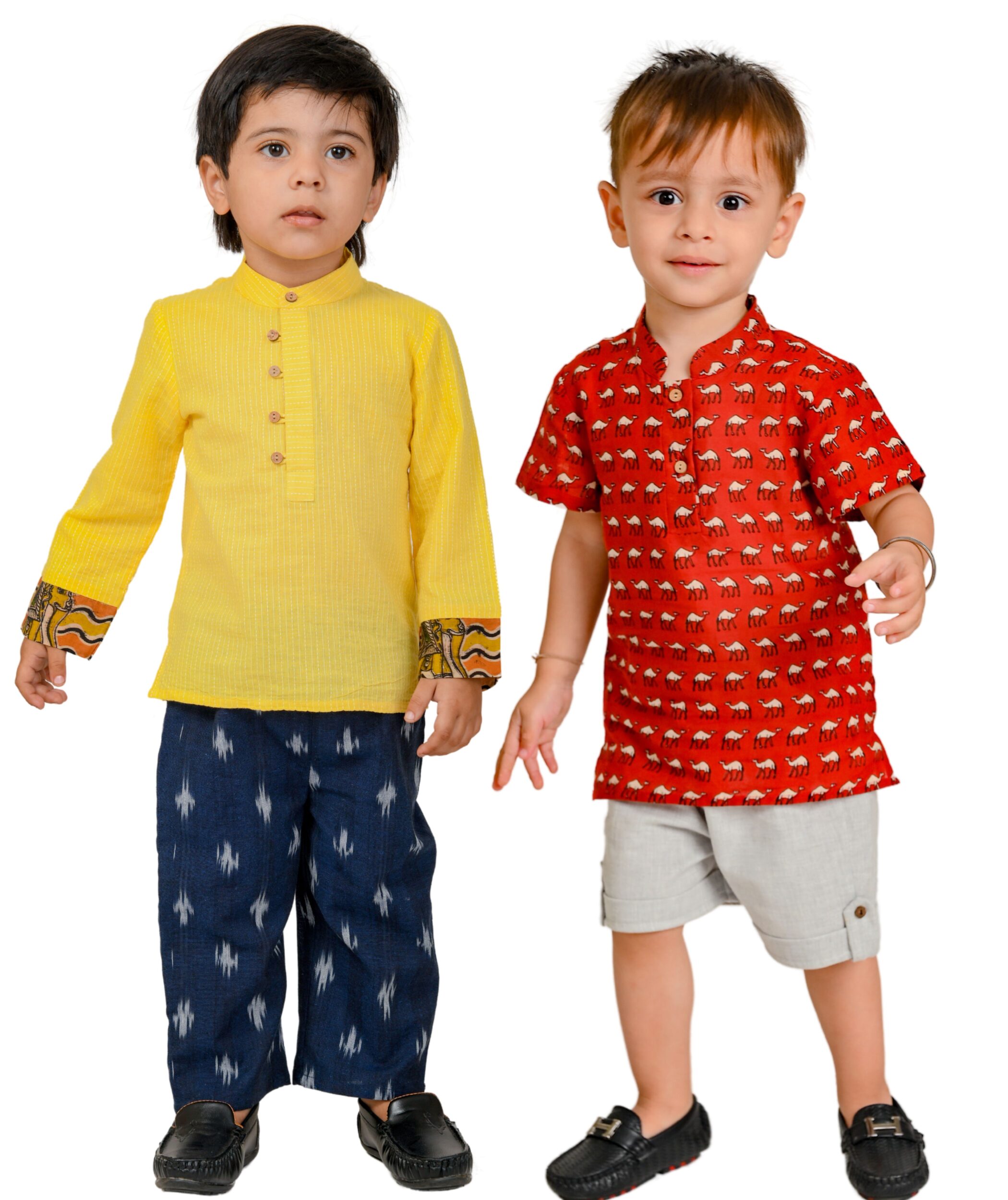 Baby Boys Cotton Shirt With Pant Shorts - Yellow:Blue & Red:Grey Combo Set