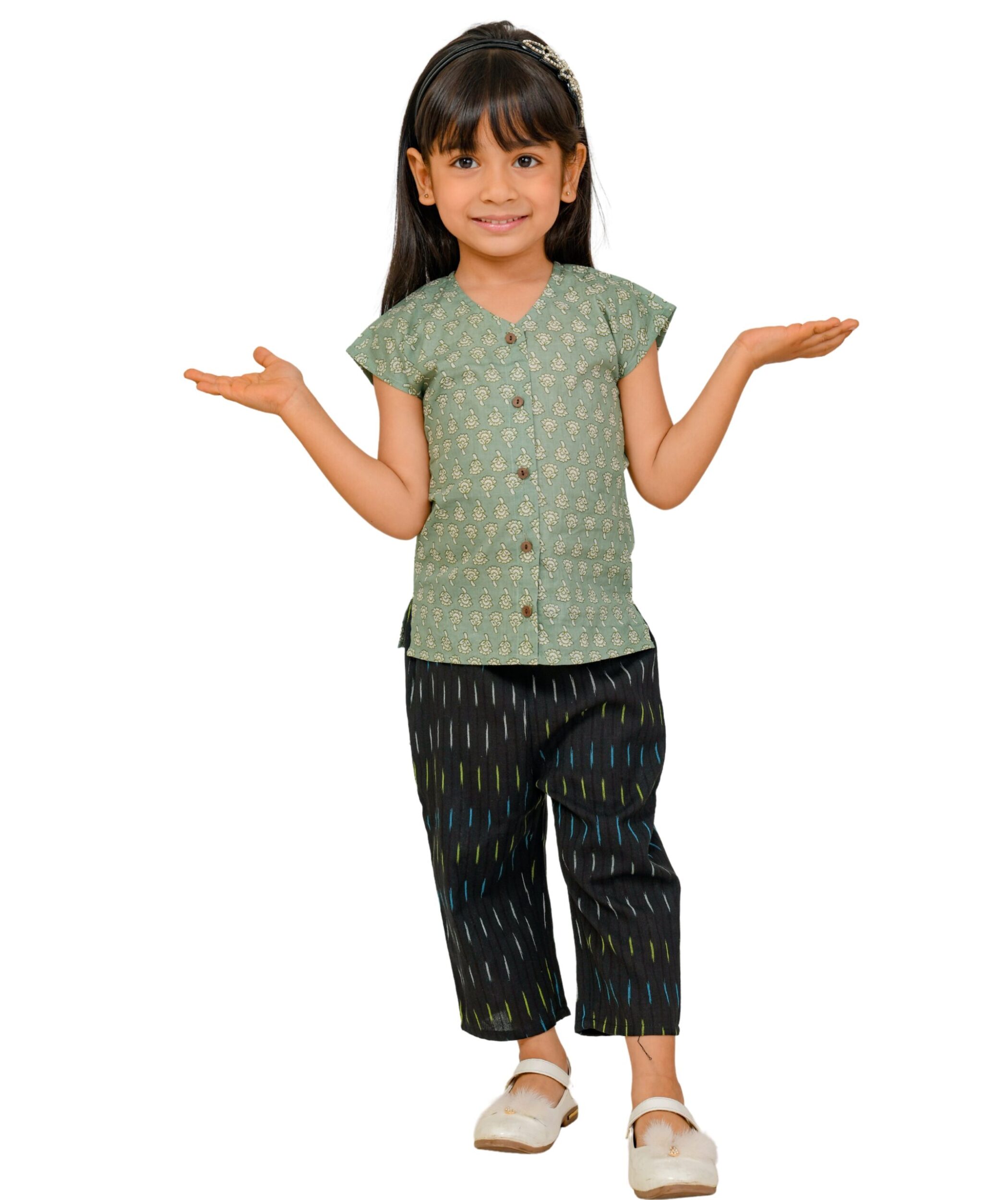 Baby Girls Cotton Top With Pant - Green & Black Clothing Set