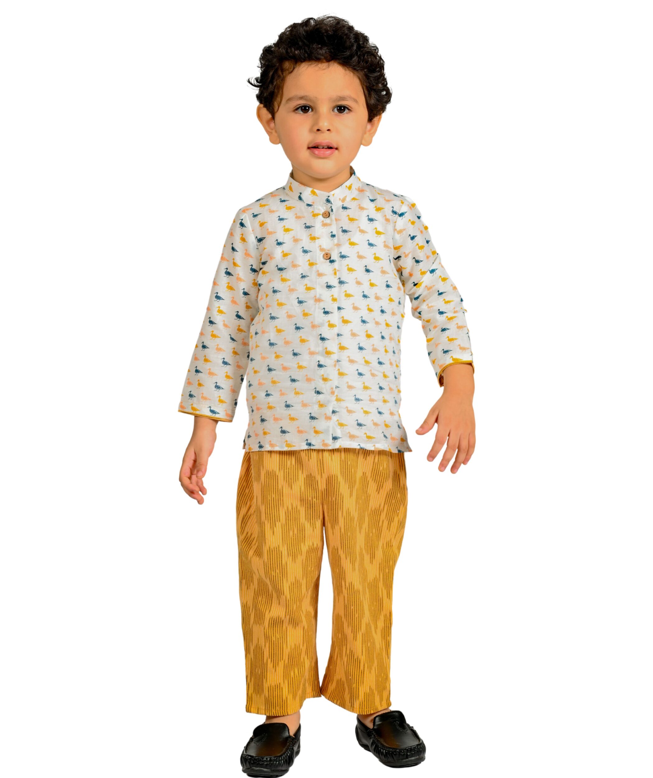 Baby Boys Cotton Shirt With Pant - White & yellow Clothing Set