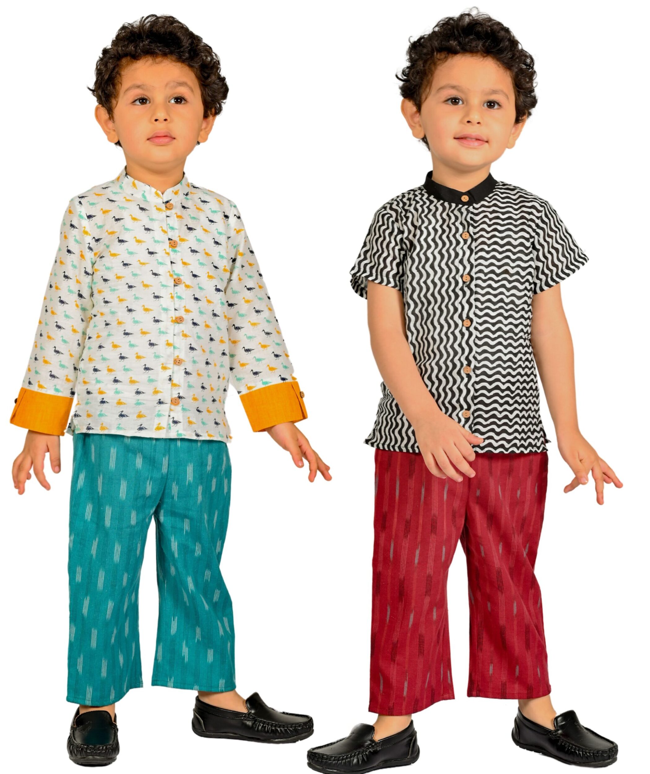 Baby Boys Cotton Shirt With Pant - White:Blue & Black:Maroon Combo Set