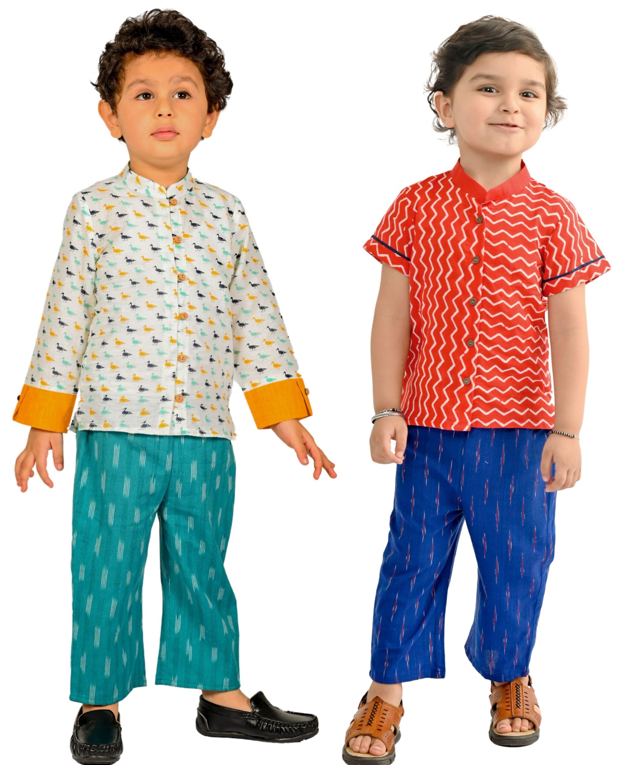 Baby Boys Cotton Shirt With Pant - White:Blue & Red:Blue Combo Set