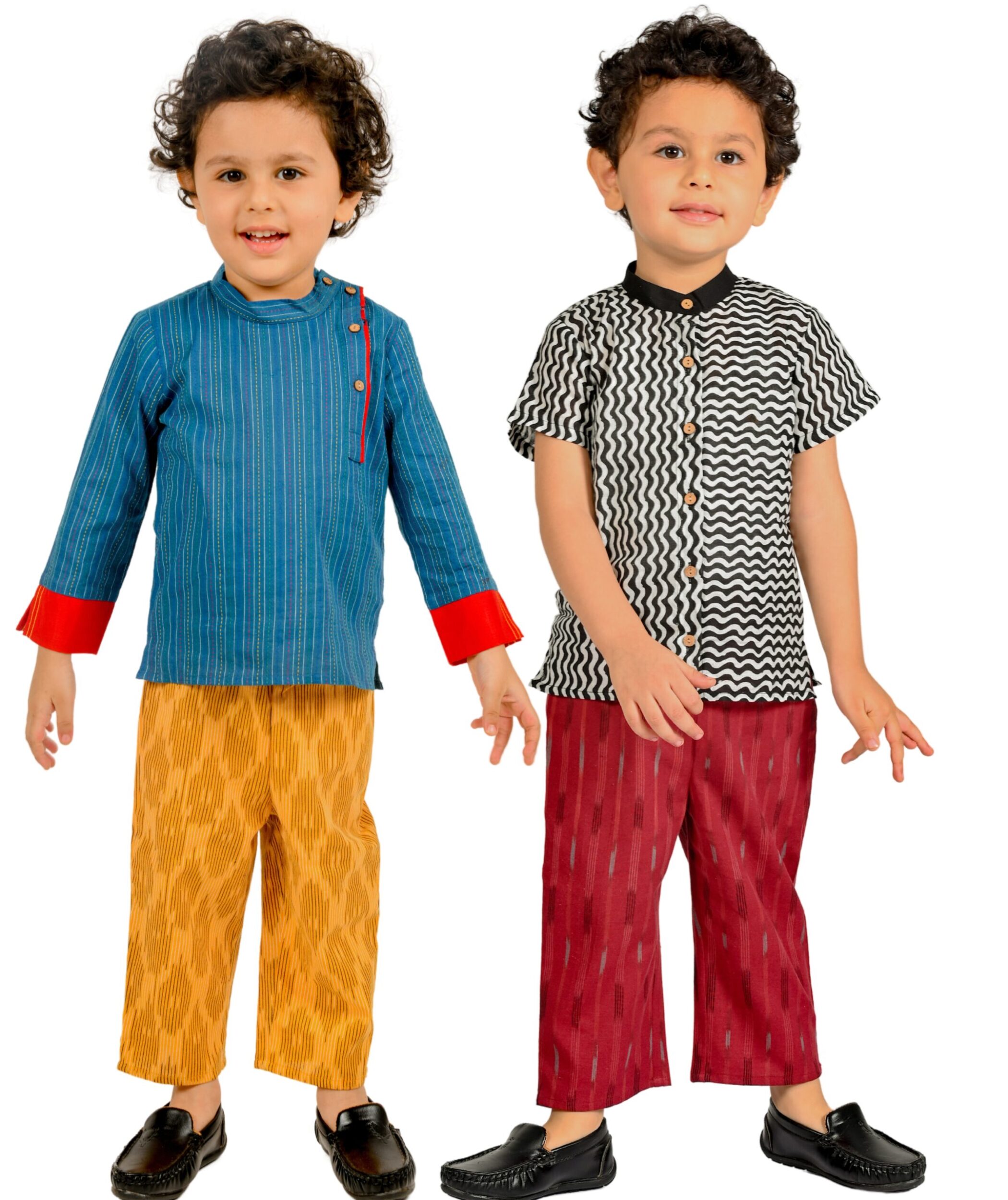 Baby Boys Cotton Shirt With Pant - Blue:Yellow & Black:Maroon Combo Set