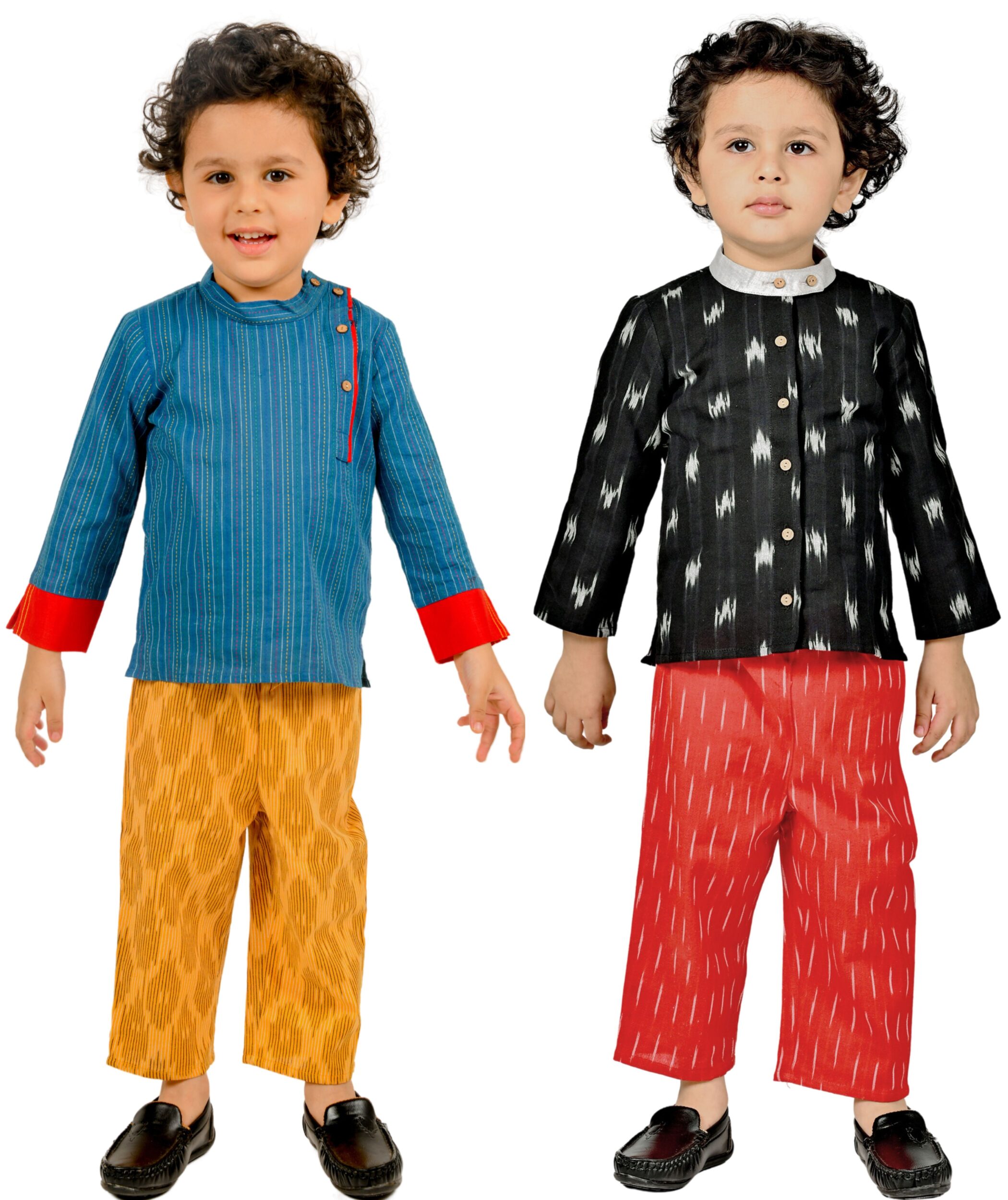 Baby Boys Cotton Shirt With Pant - Blue:Yellow & Black:Red Combo Set