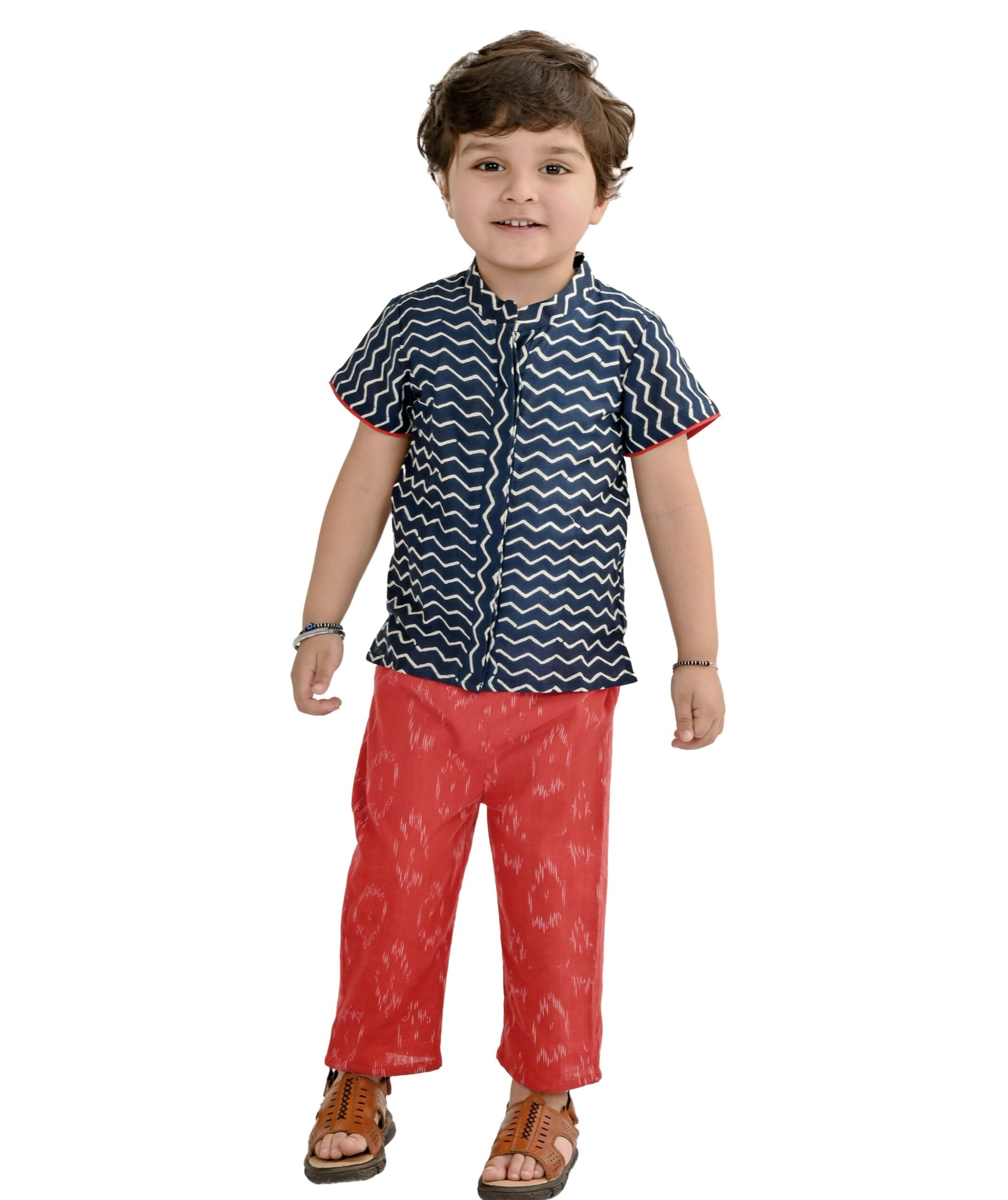 Baby Boys Cotton Shirt With Pant - Blue & Red Clothing Set