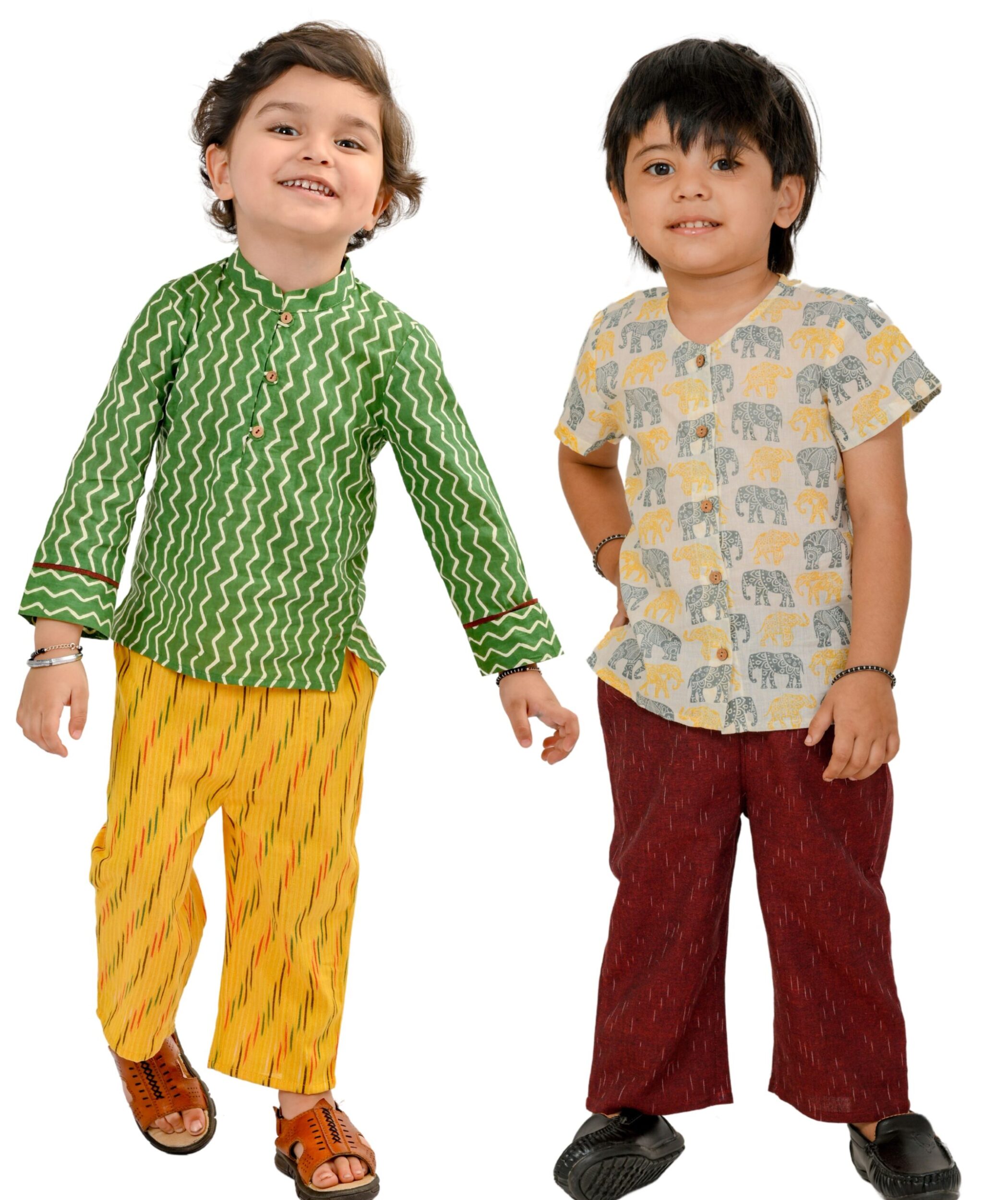 Baby Boys Cotton Shirt With Pant - Green:Yellow & White:Maroon Combo Set