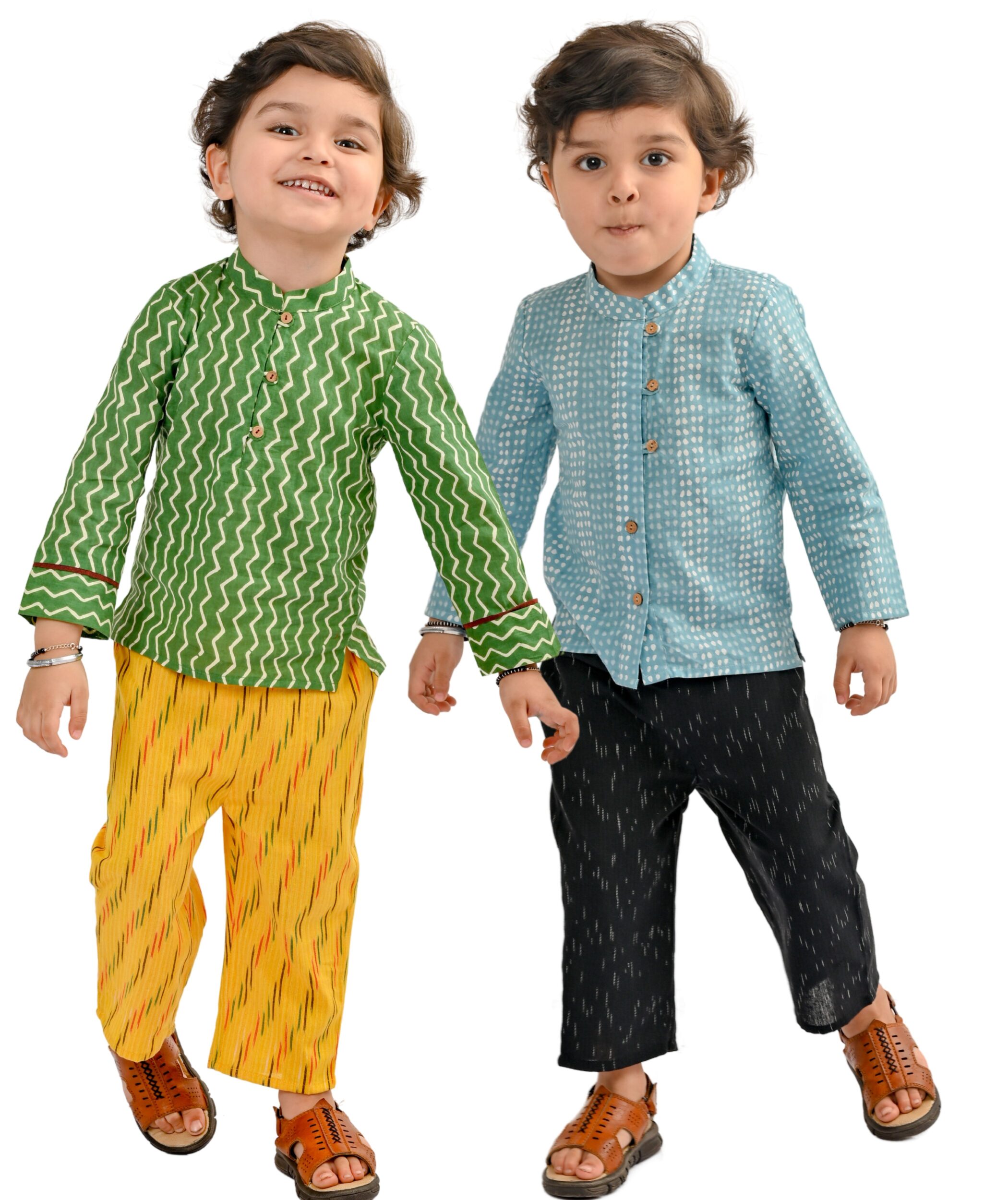 Baby Boys Cotton Shirt With Pant - Green:Yellow & Blue:Black Combo Set