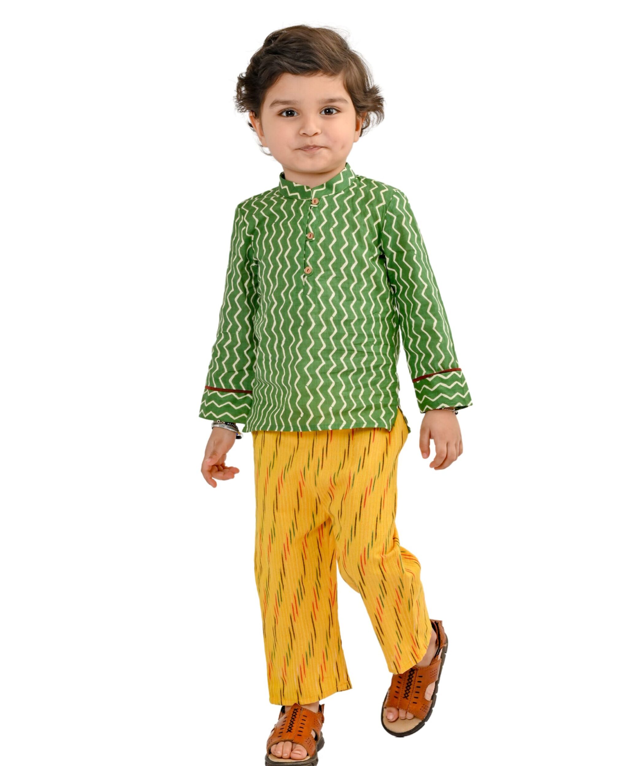Baby Boys Cotton Shirt With Pant - Green & Yellow Clothing Set