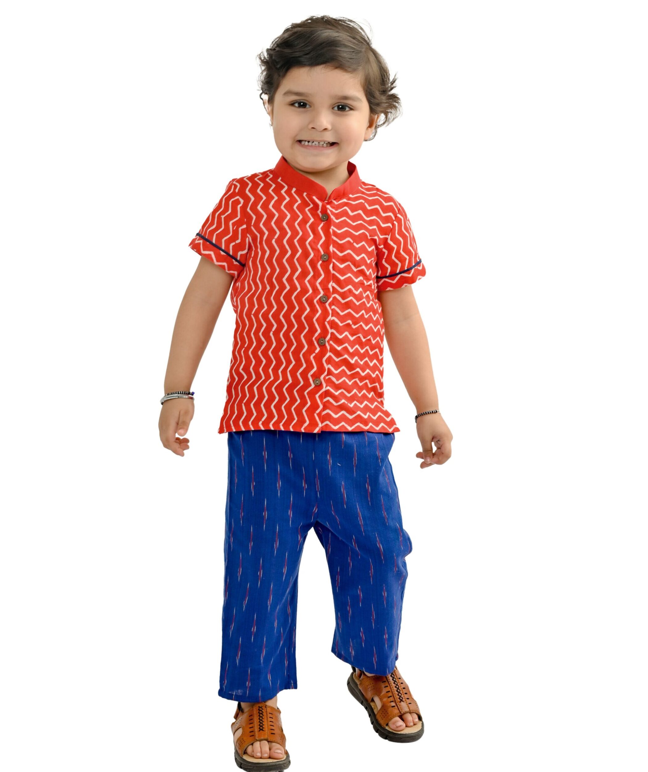 Baby Boys Cotton Shirt With Pant - Red & Blue Clothing Set