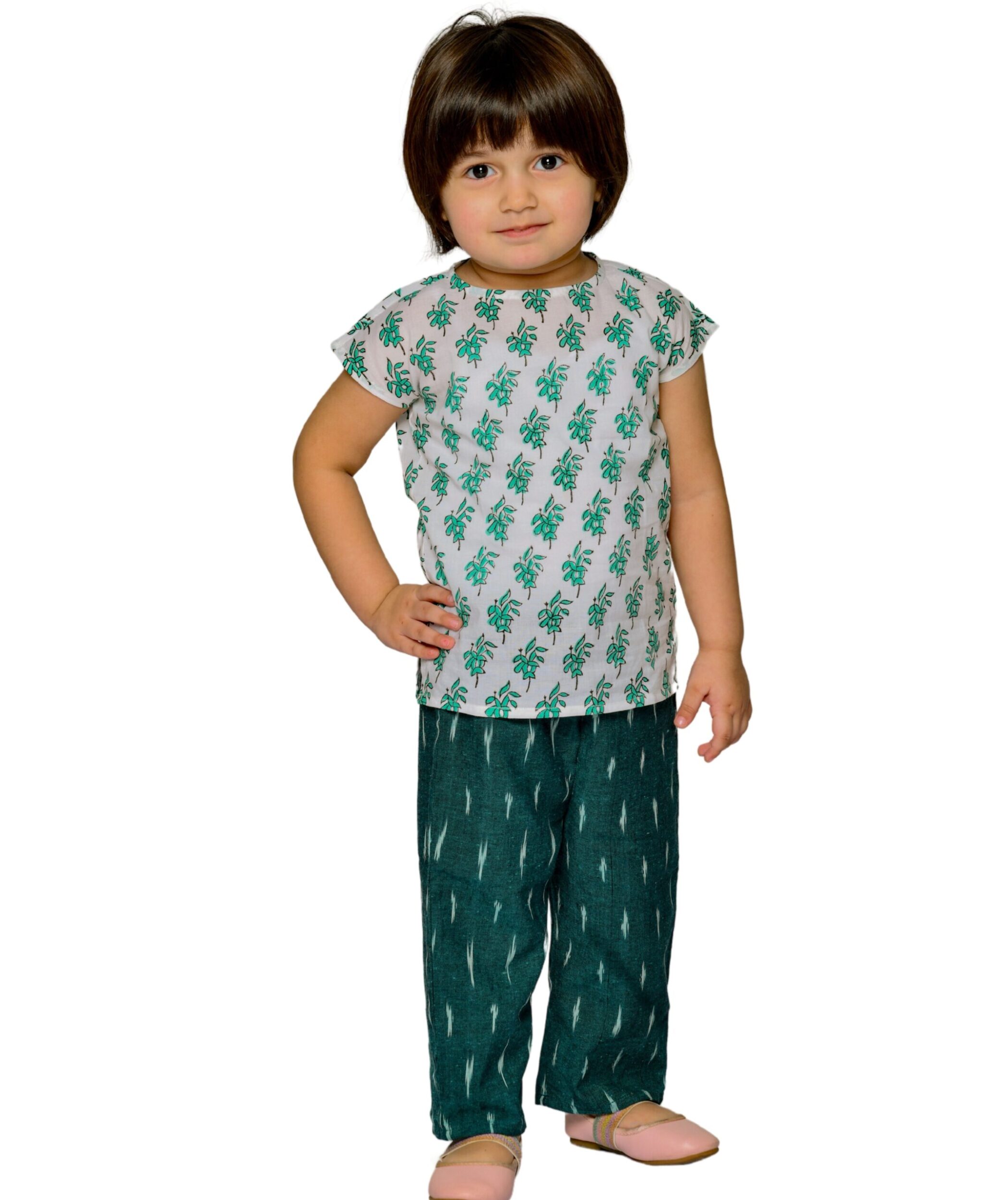 Baby Girls Cotton Top With Pant - White & Green Clothing Set