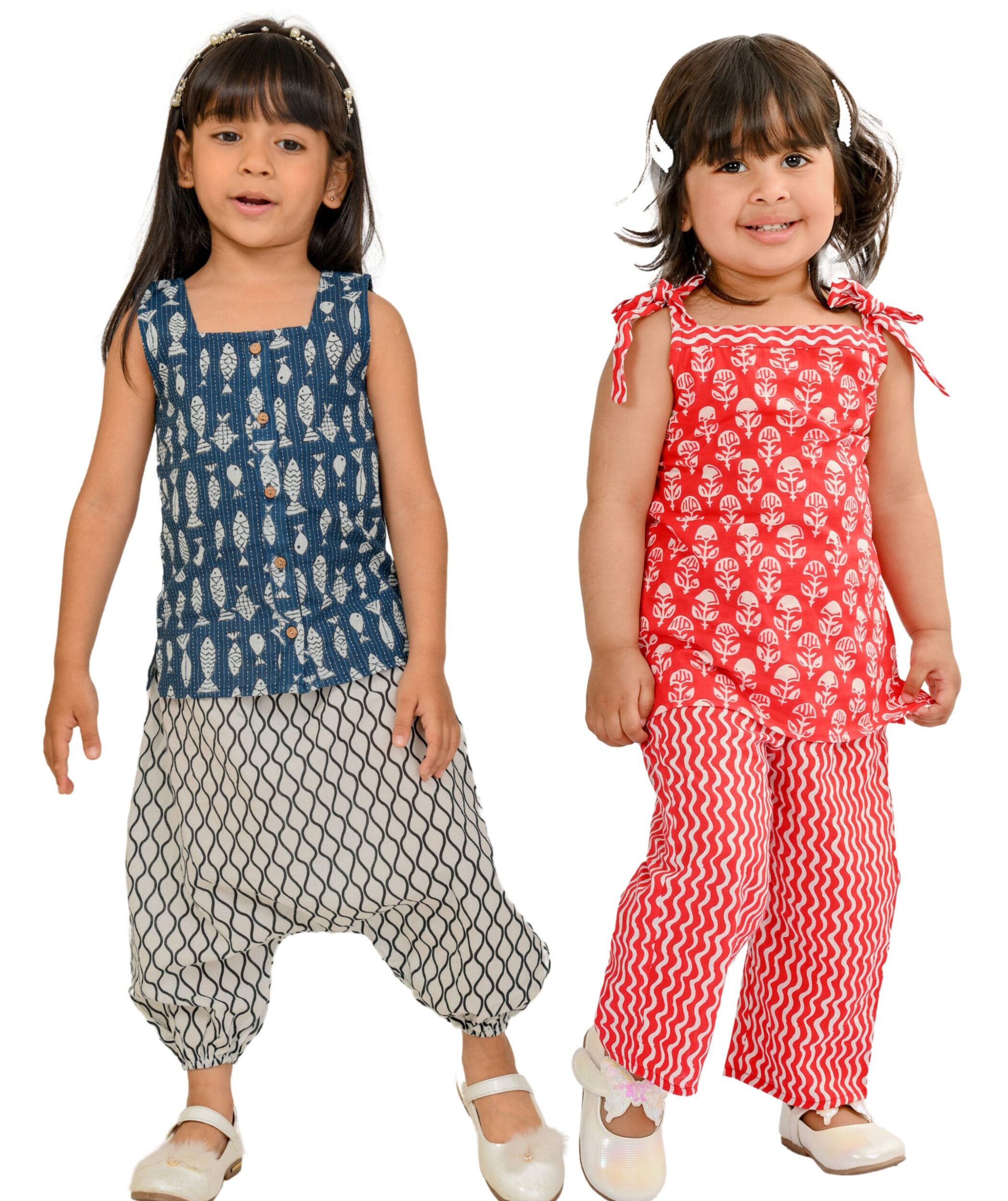 Baby Girls Cotton Clothes Top With Pant - Blue:White & White:Red Combo Set