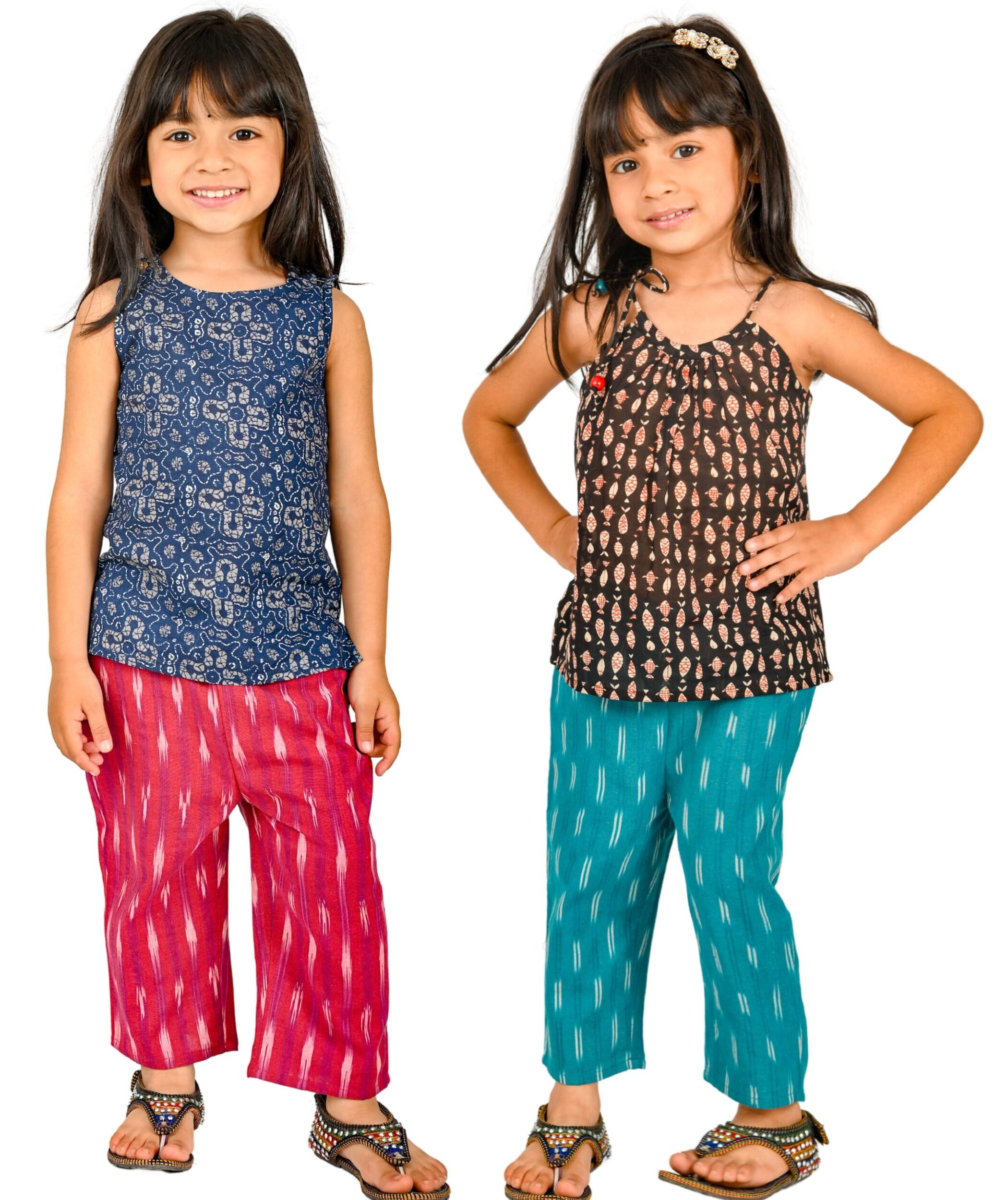 Baby Girls Cotton Clothes Top With Pant - Blue:Pink & Black:Blue Combo Set