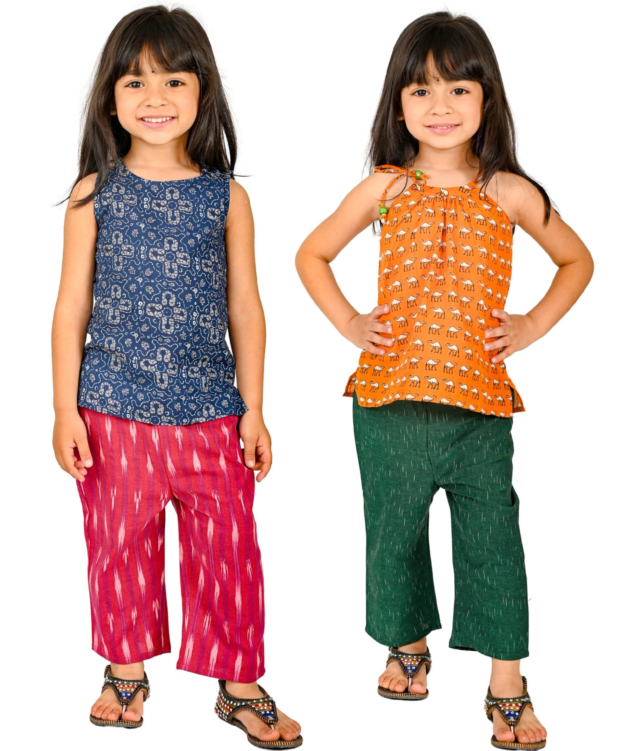 Baby Girls Cotton Clothes Top With Pant - Blue:Pink & Orange:Green Combo Set