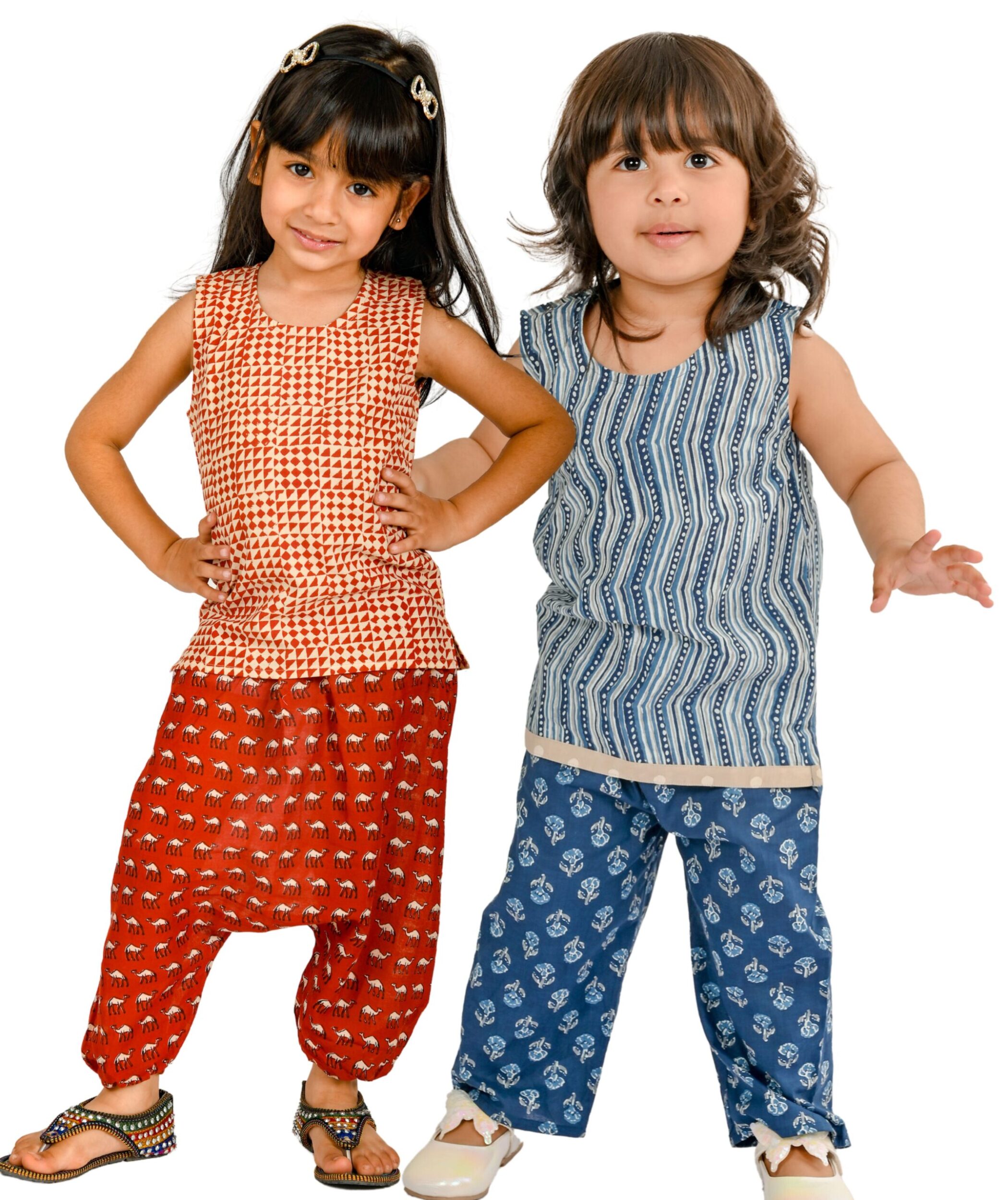 Baby Girls Cotton Clothes Top With Pant - Blue & Red Combo Set
