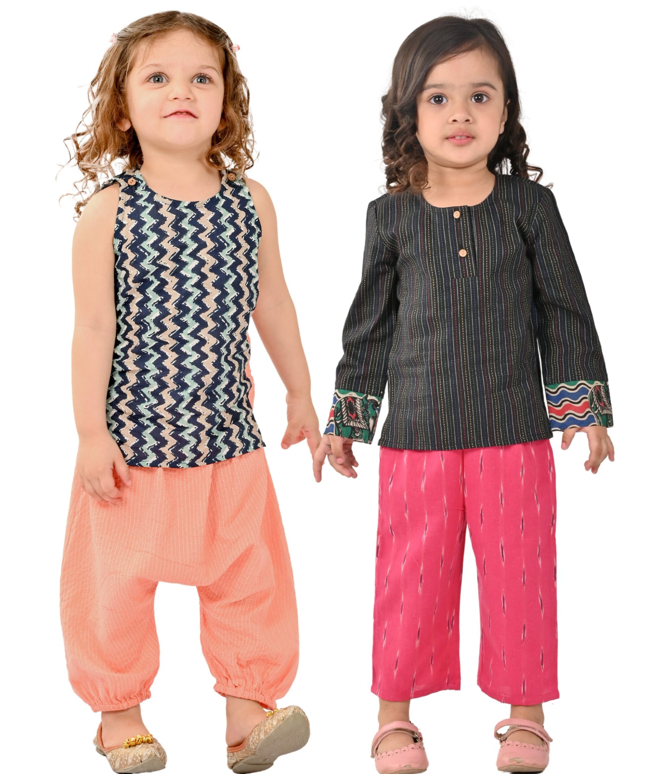 Baby Girls Cotton Clothes Top With Pant - Blue:Peach & Black:Pink Combo Set