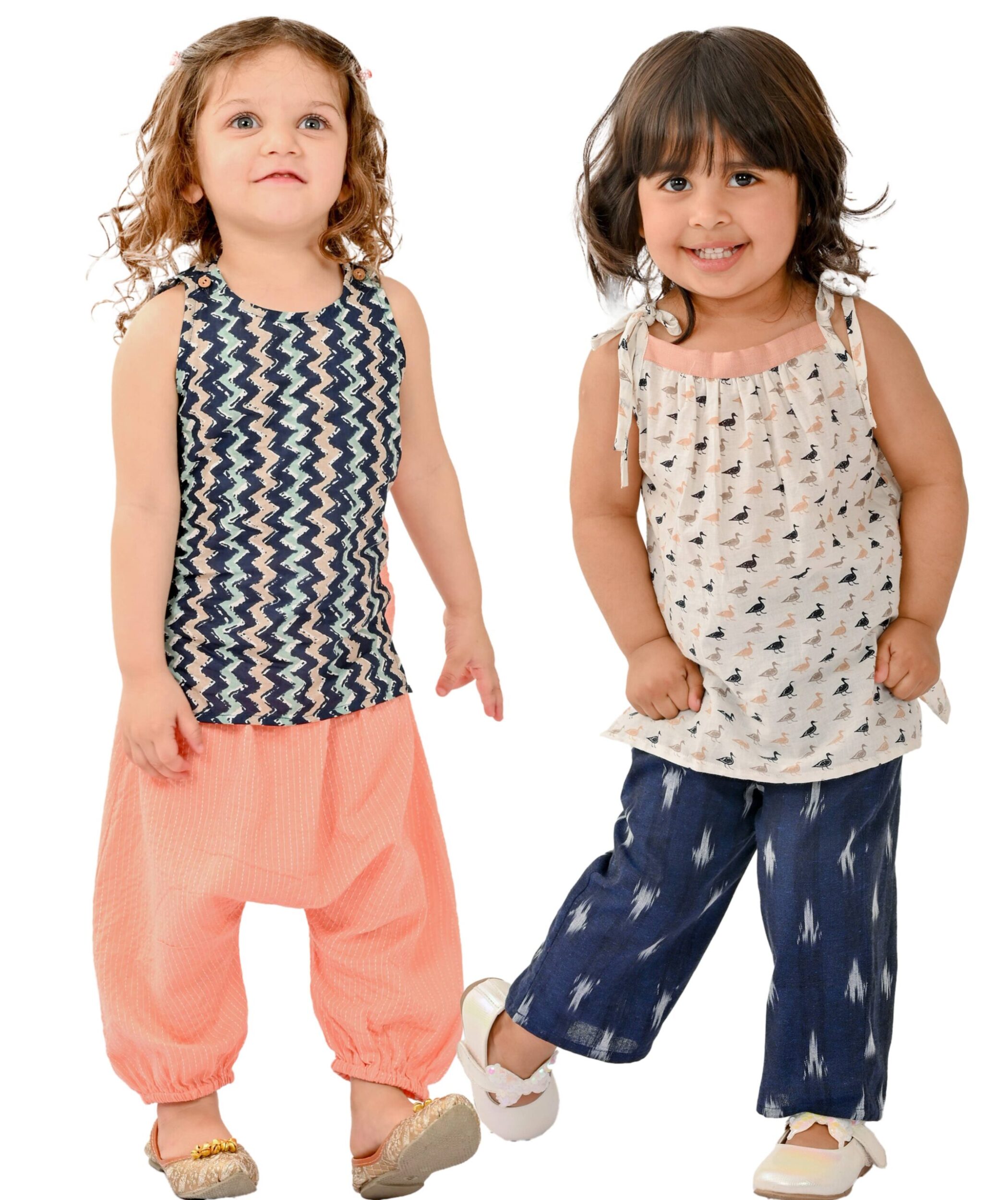 Baby Girls Cotton Clothes Top With Pant - Blue:Peach & White:Blue Combo Set