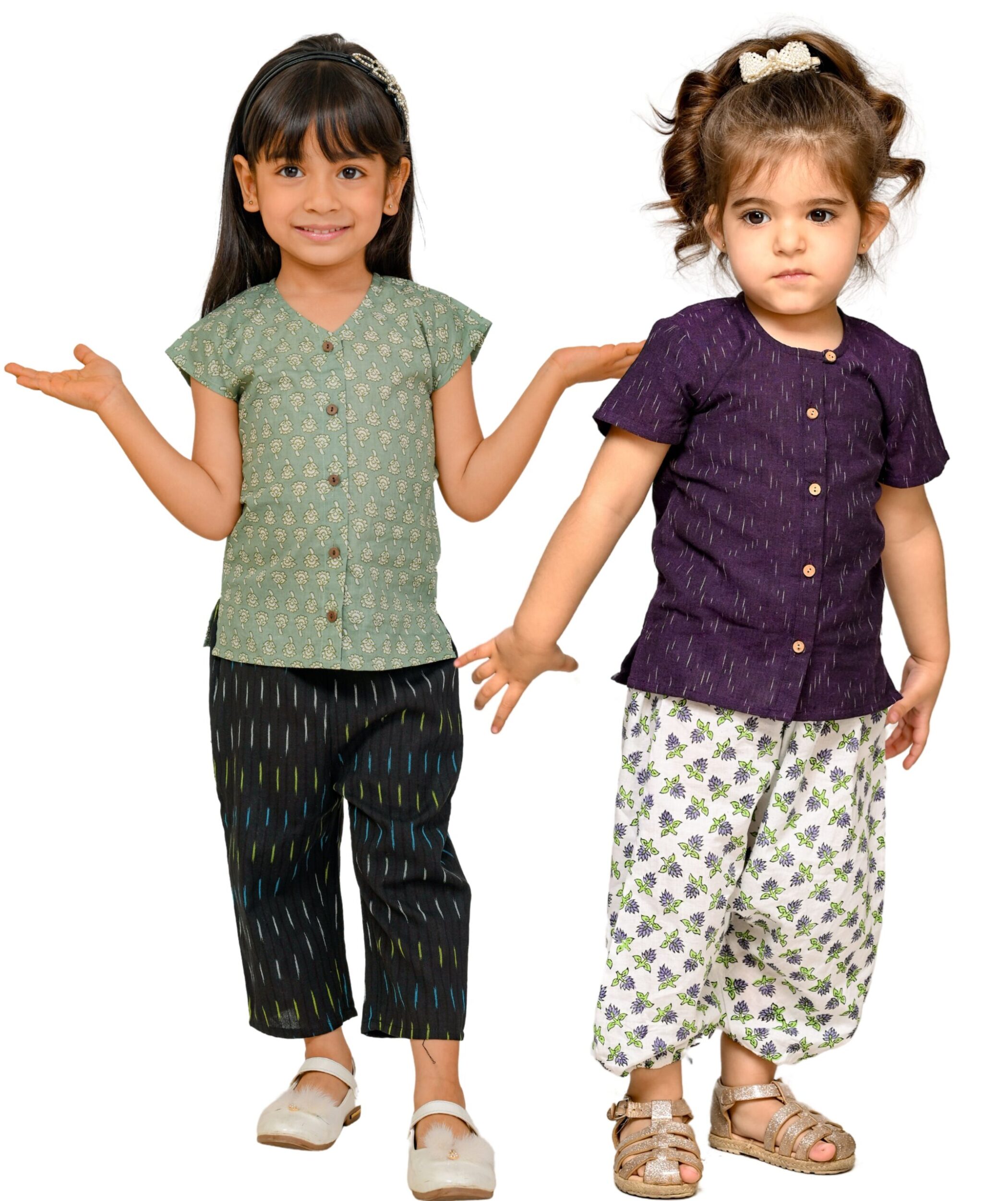 Baby Girls Cotton Clothes Top With Pant - Green:Black & Purple:White Combo Set