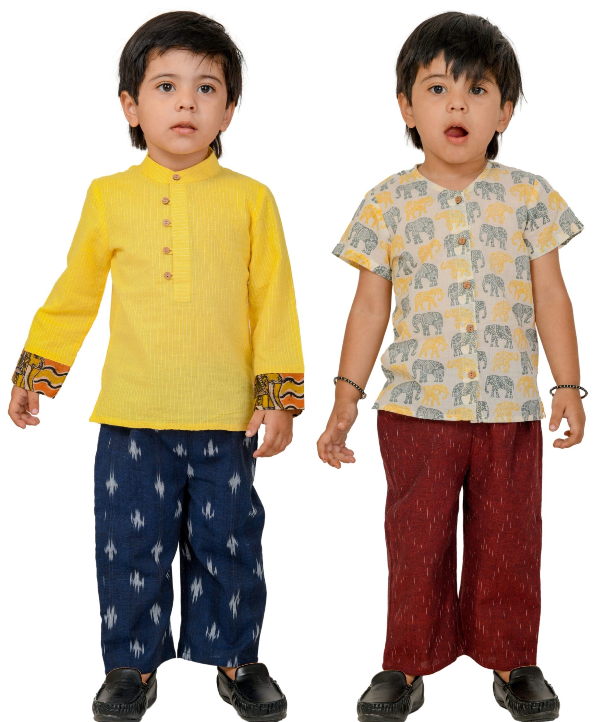 Baby Boys Cotton Shirt With Pant - Yellow:Blue & White:Maroon Combo Set