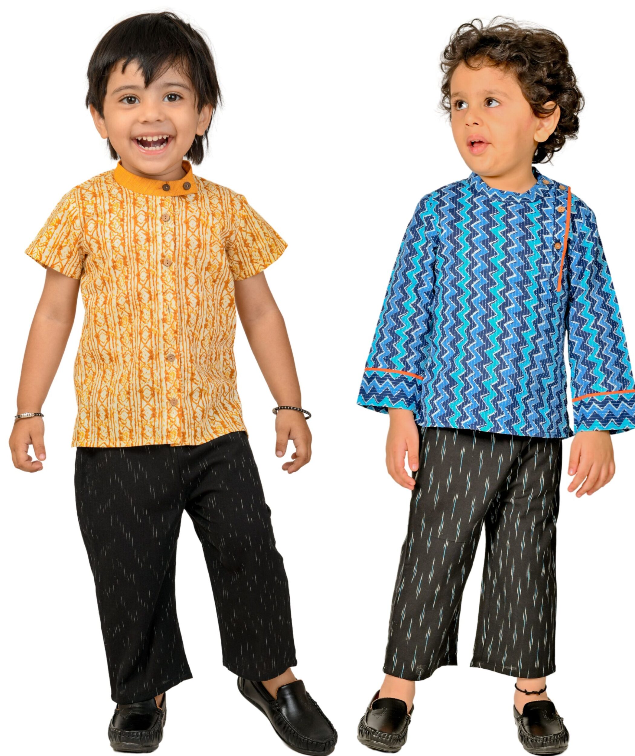Baby Boys Cotton Shirt With Pant - Yellow:Black & Blue:Black Combo Set