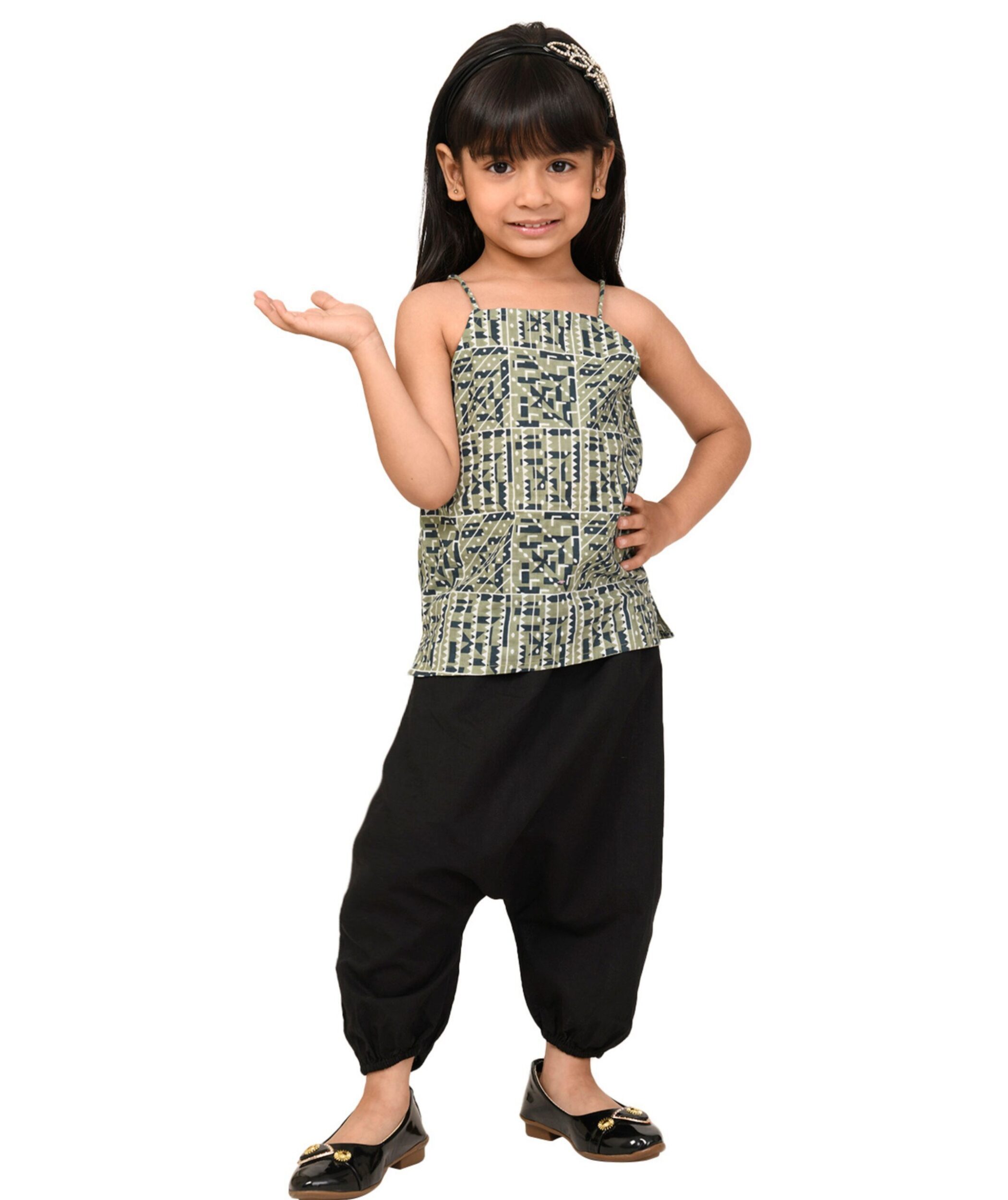 Baby Girls Cotton Top With Pant - Green & Black Clothing Set
