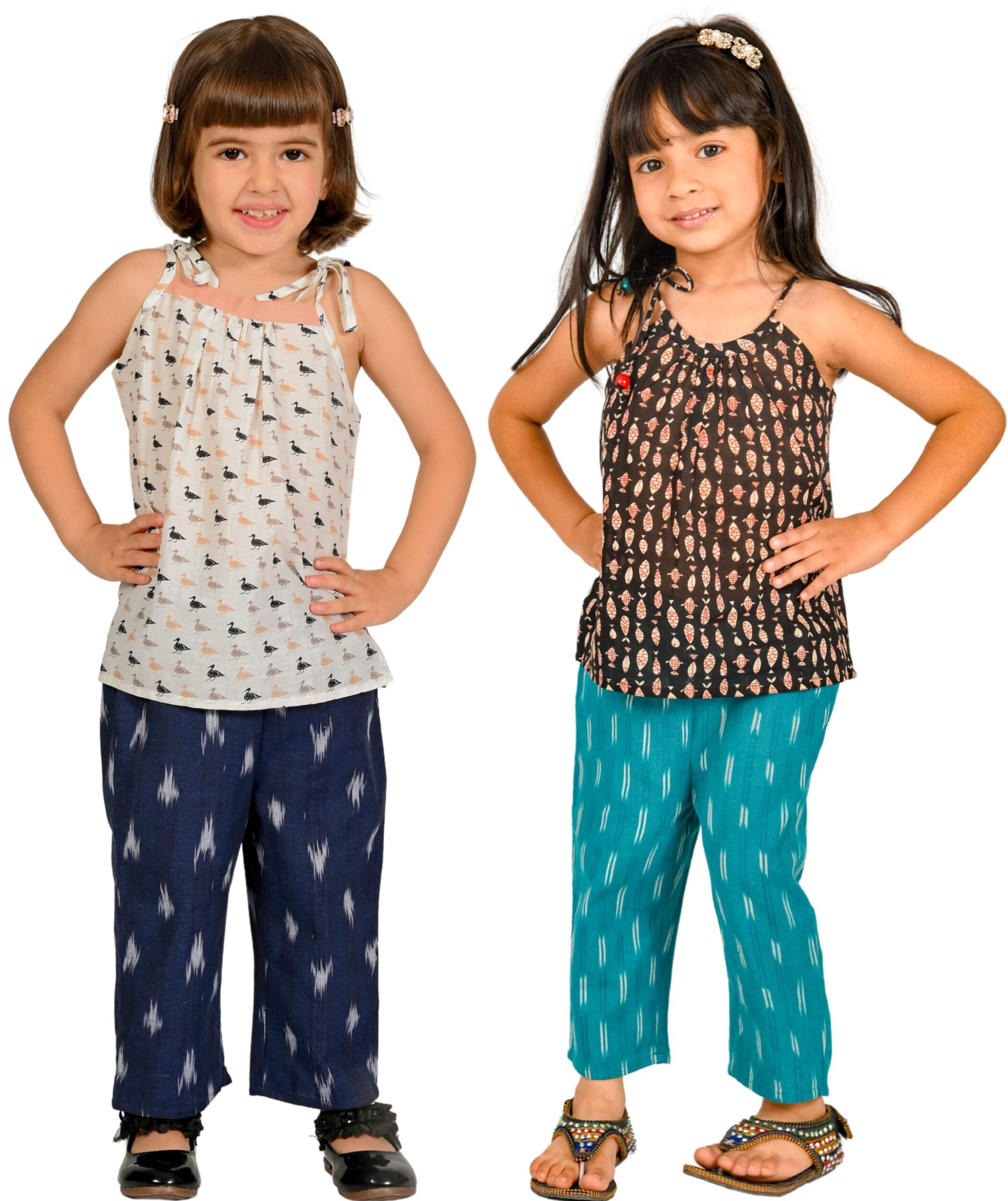 Baby Girls Cotton Clothes Top With Pant - White:Blue & Black:Blue Combo Set