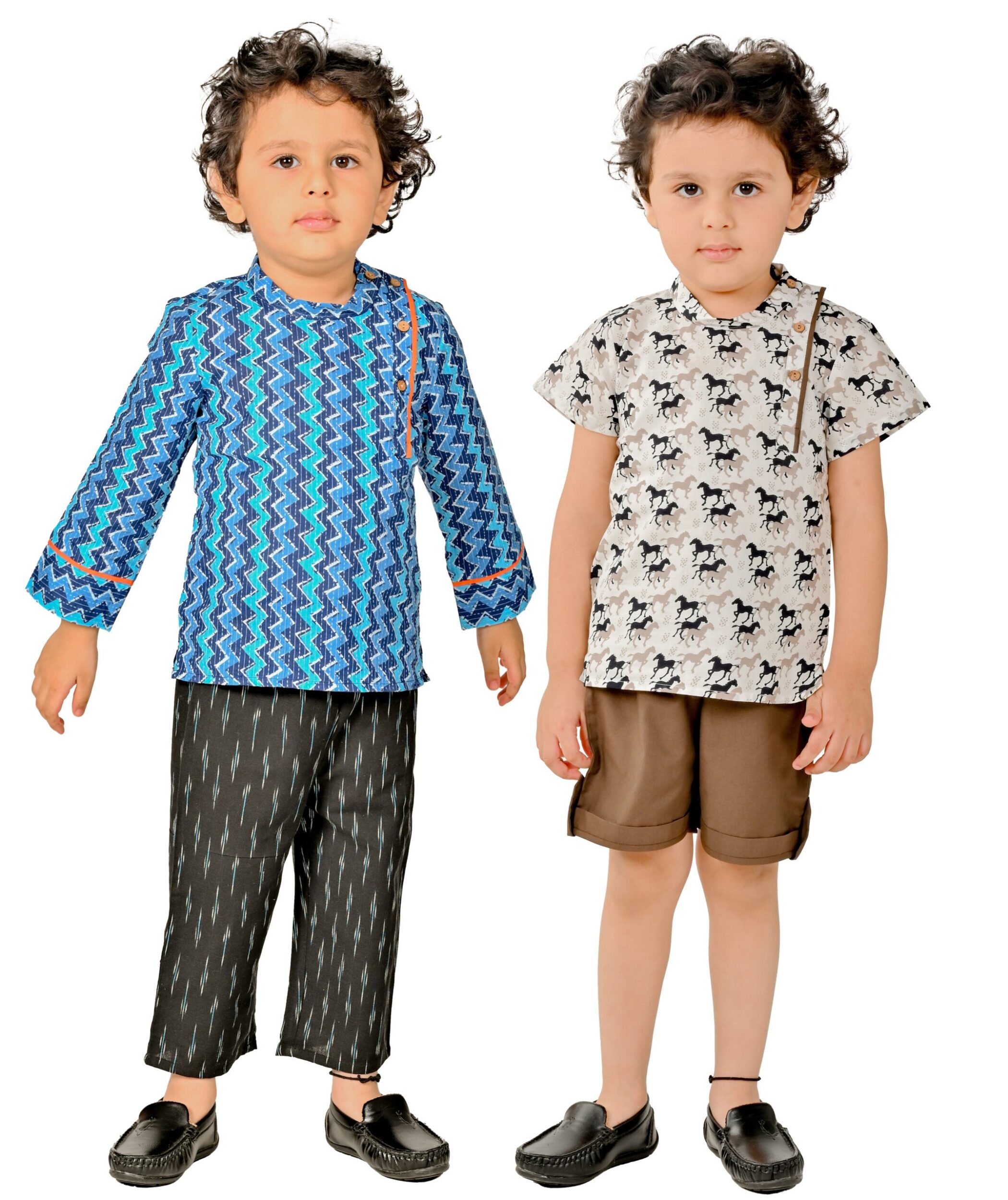 Baby Boys Cotton Shirt With Pant - Blue:Black & White:Brown Combo Set