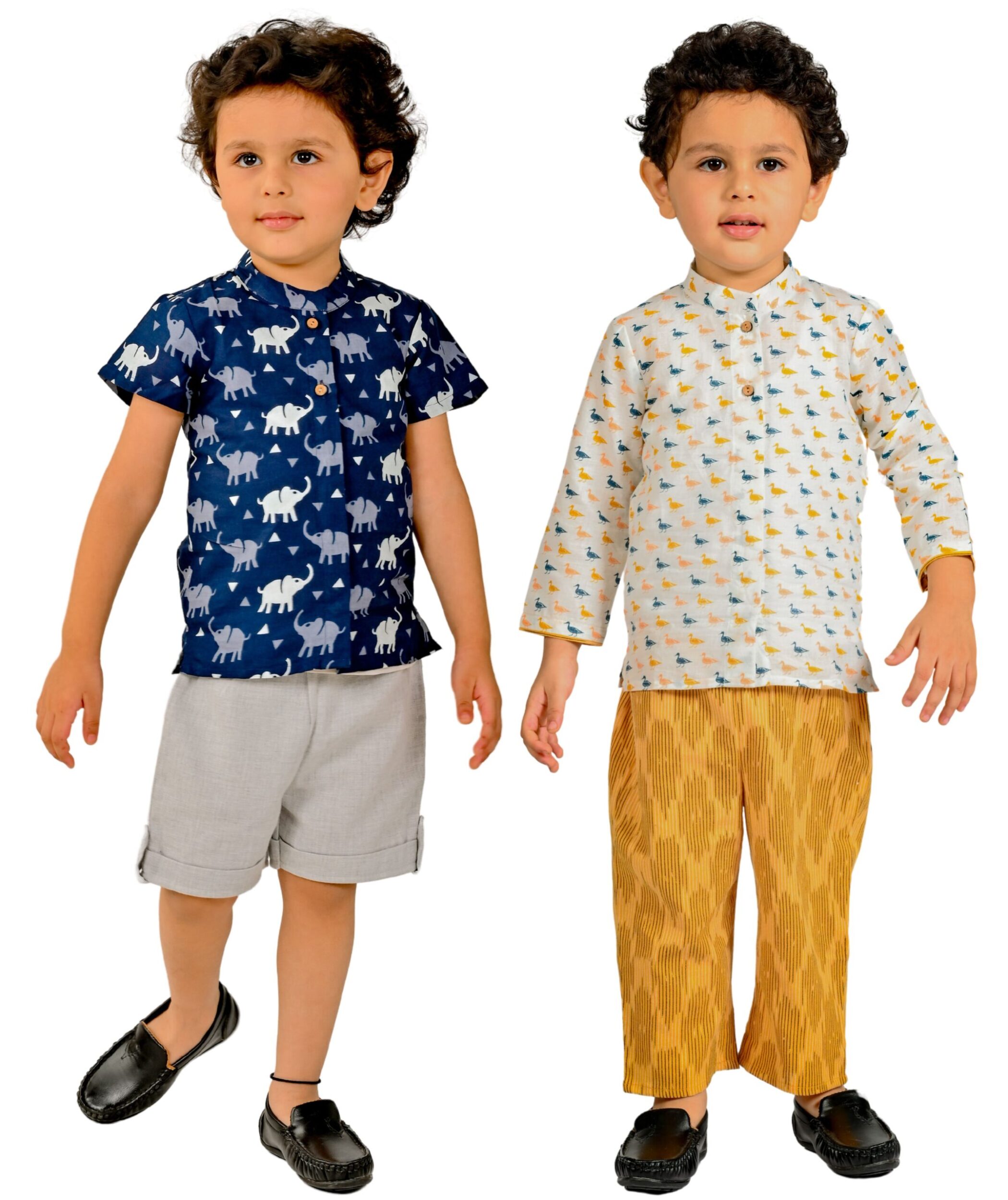 Baby Boys Cotton Shirt With Pant - Blue:Grey & White:Yellow Combo Set