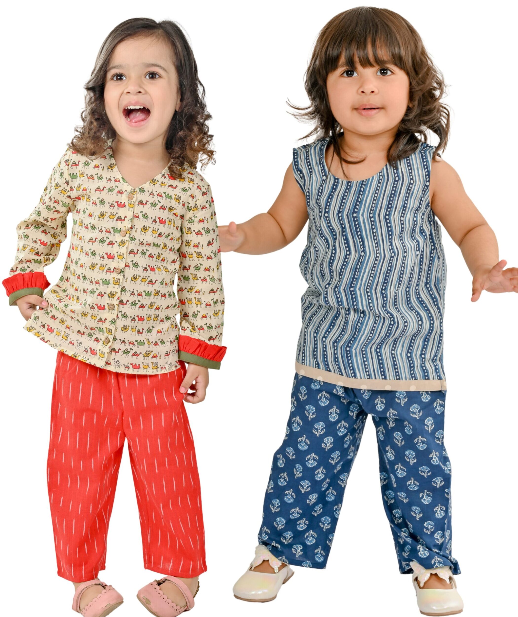 Baby Girls Cotton Clothes Top With Pant - Beige:Red & Blue Combo Set