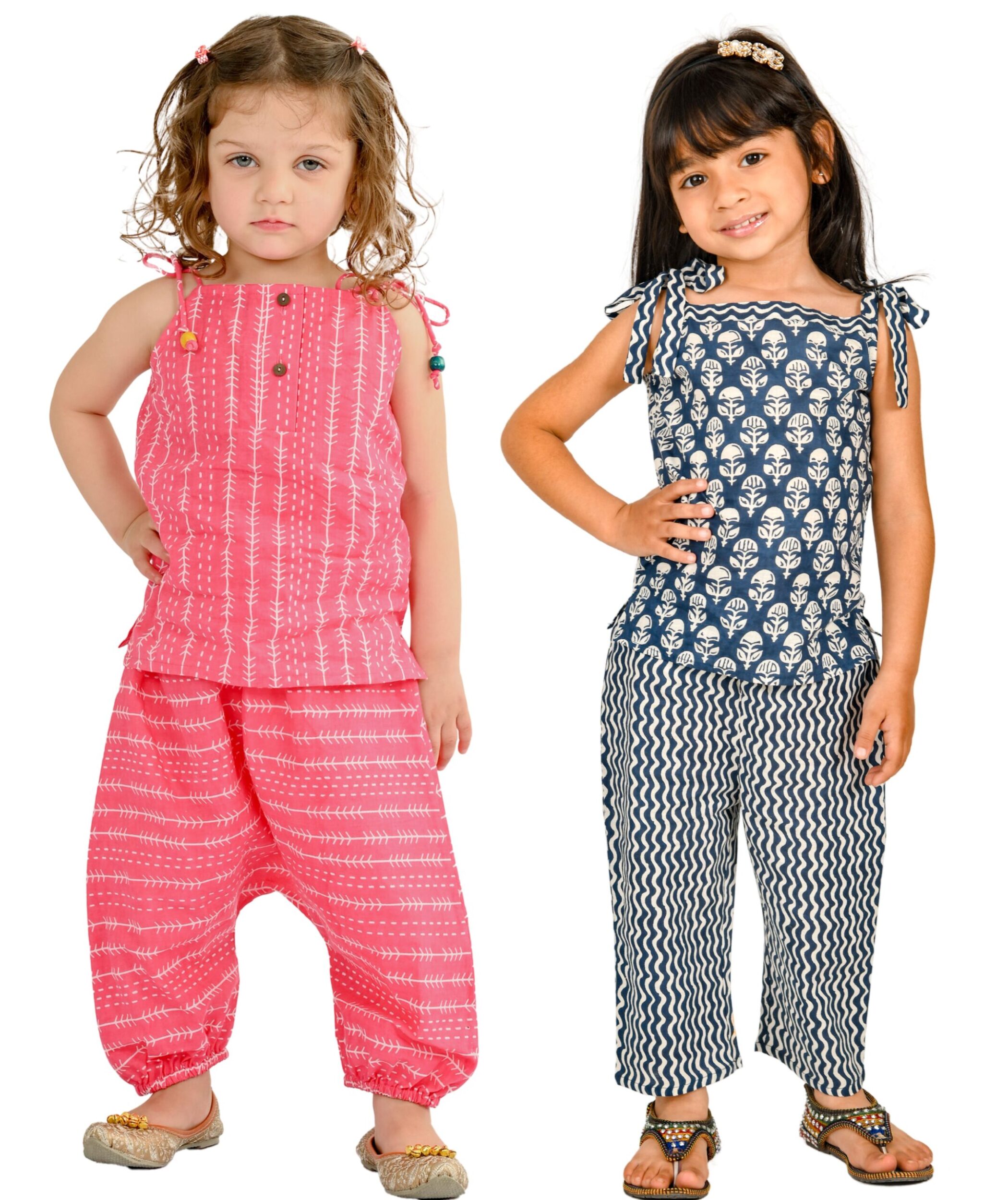 Baby Girls Cotton Clothes Top With Pant - Pink & White:Blue Combo Set