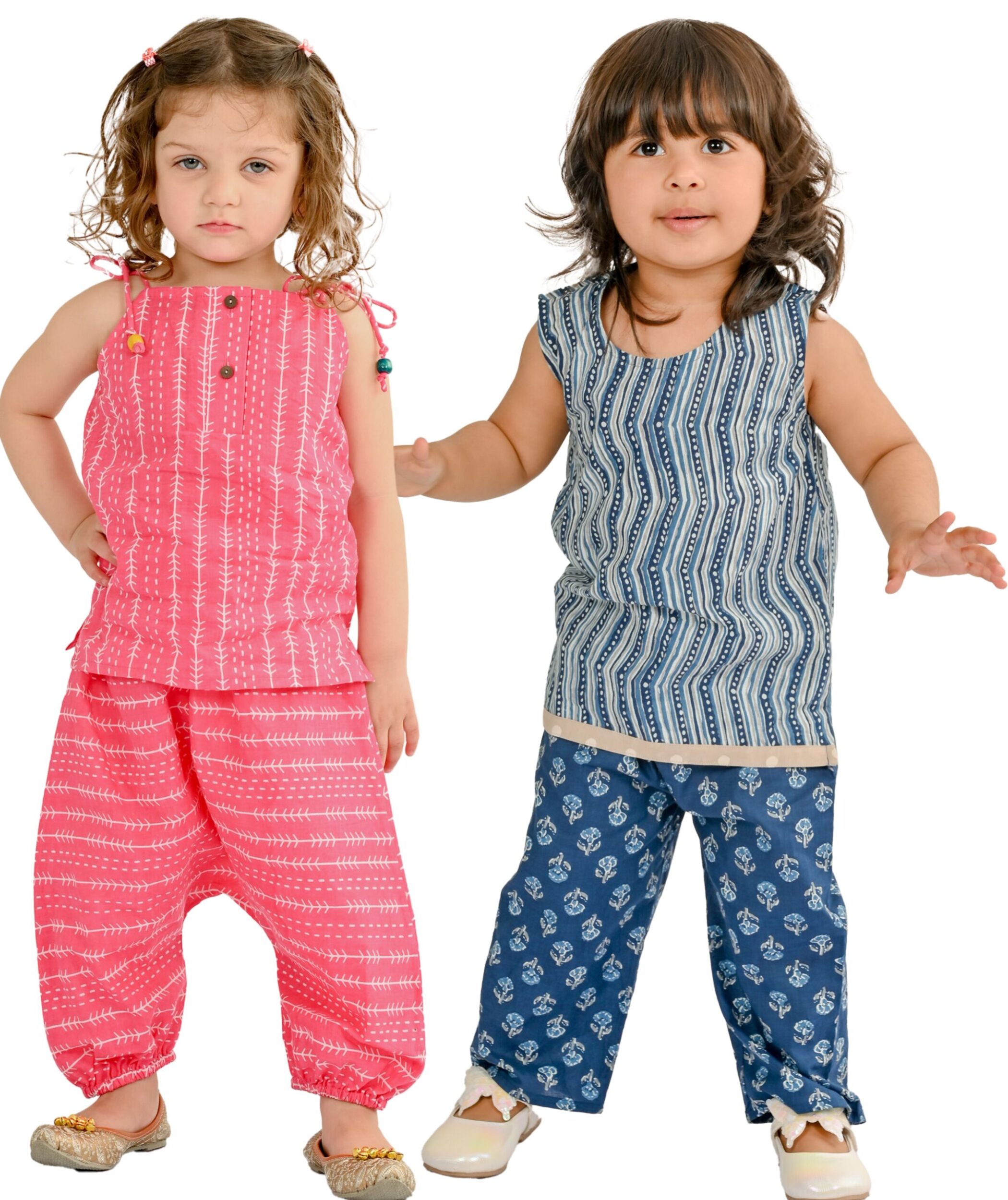 Baby Girls Cotton Clothes Top With Pant - Pink & Blue Combo Set