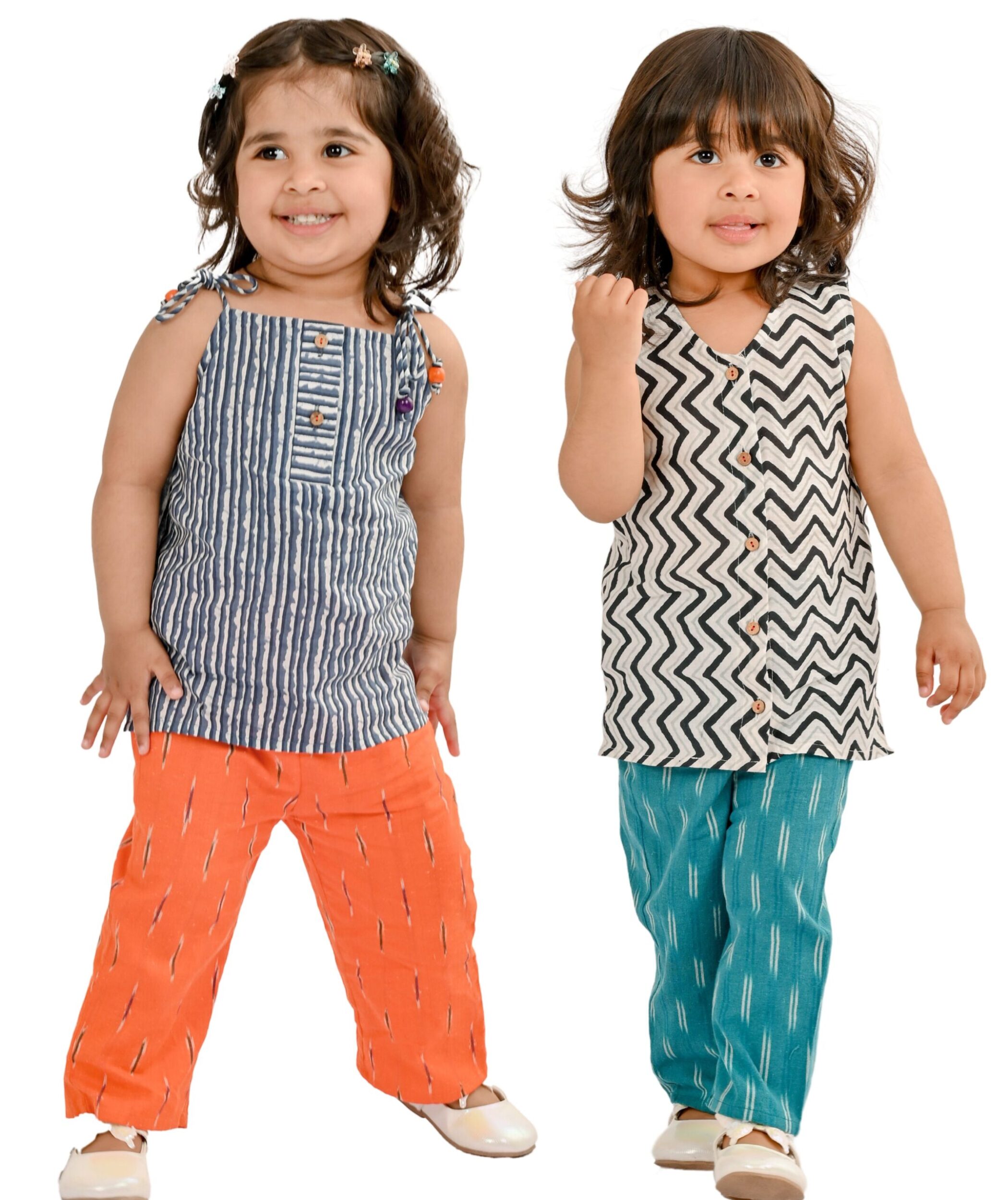Baby Girls Cotton Clothes Top With Pant - Grey:Orange & White:Blue Combo Set