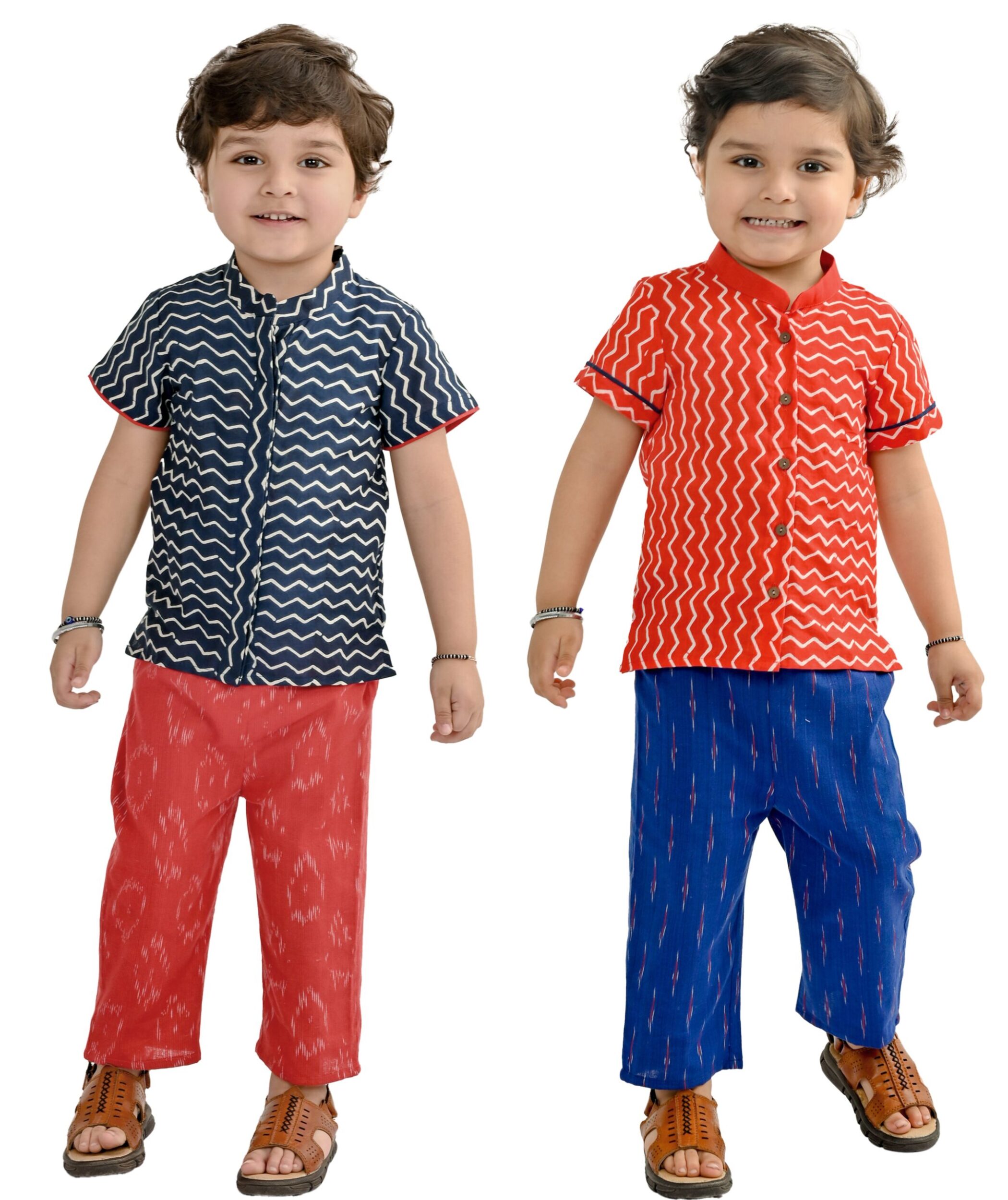 Baby Boys Cotton Shirt With Pant - Blue:Red & Red:Blue Combo Set