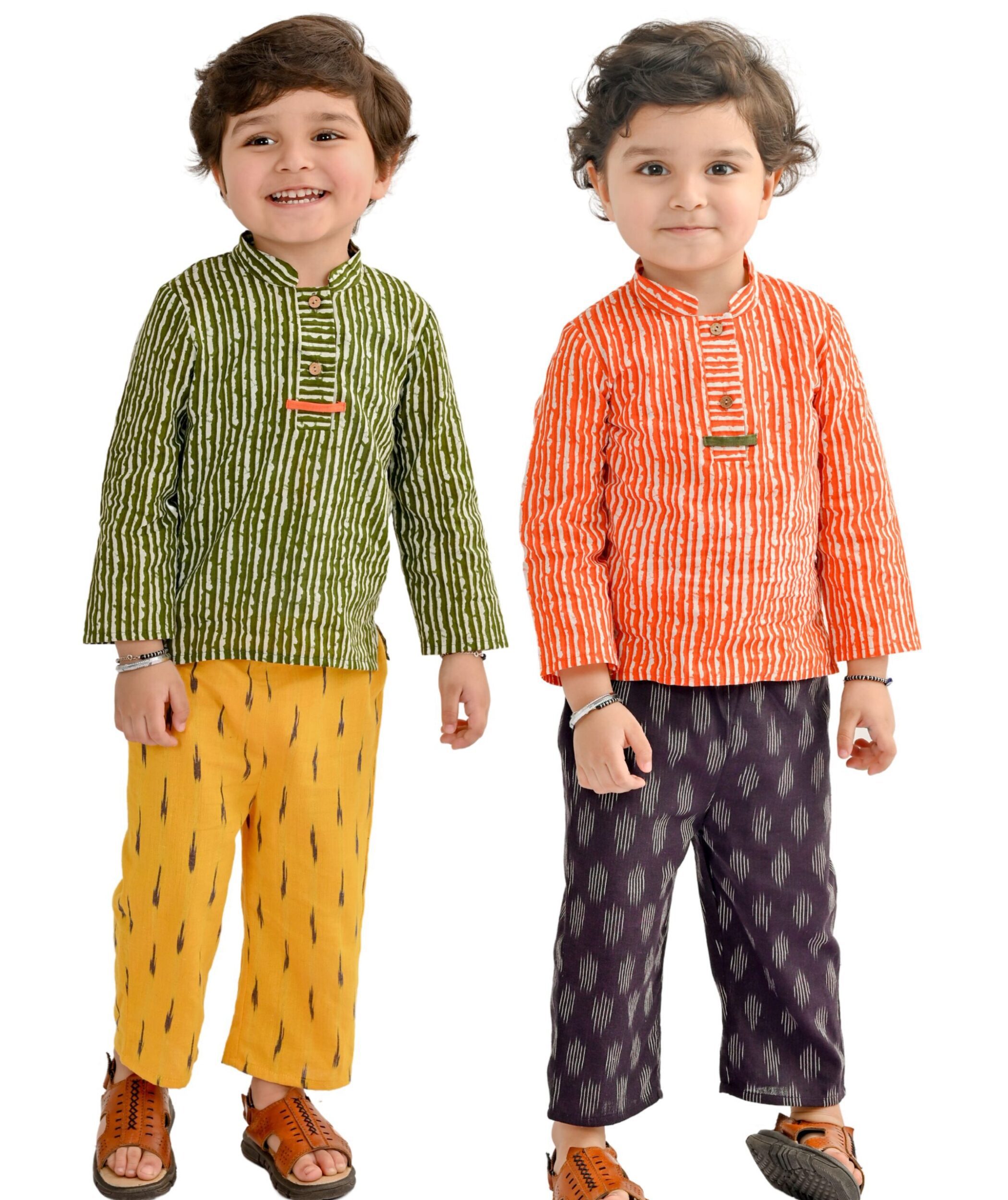 Baby Boys Cotton Shirt With Pant - Green:Yellow & Red:Purple Combo Set
