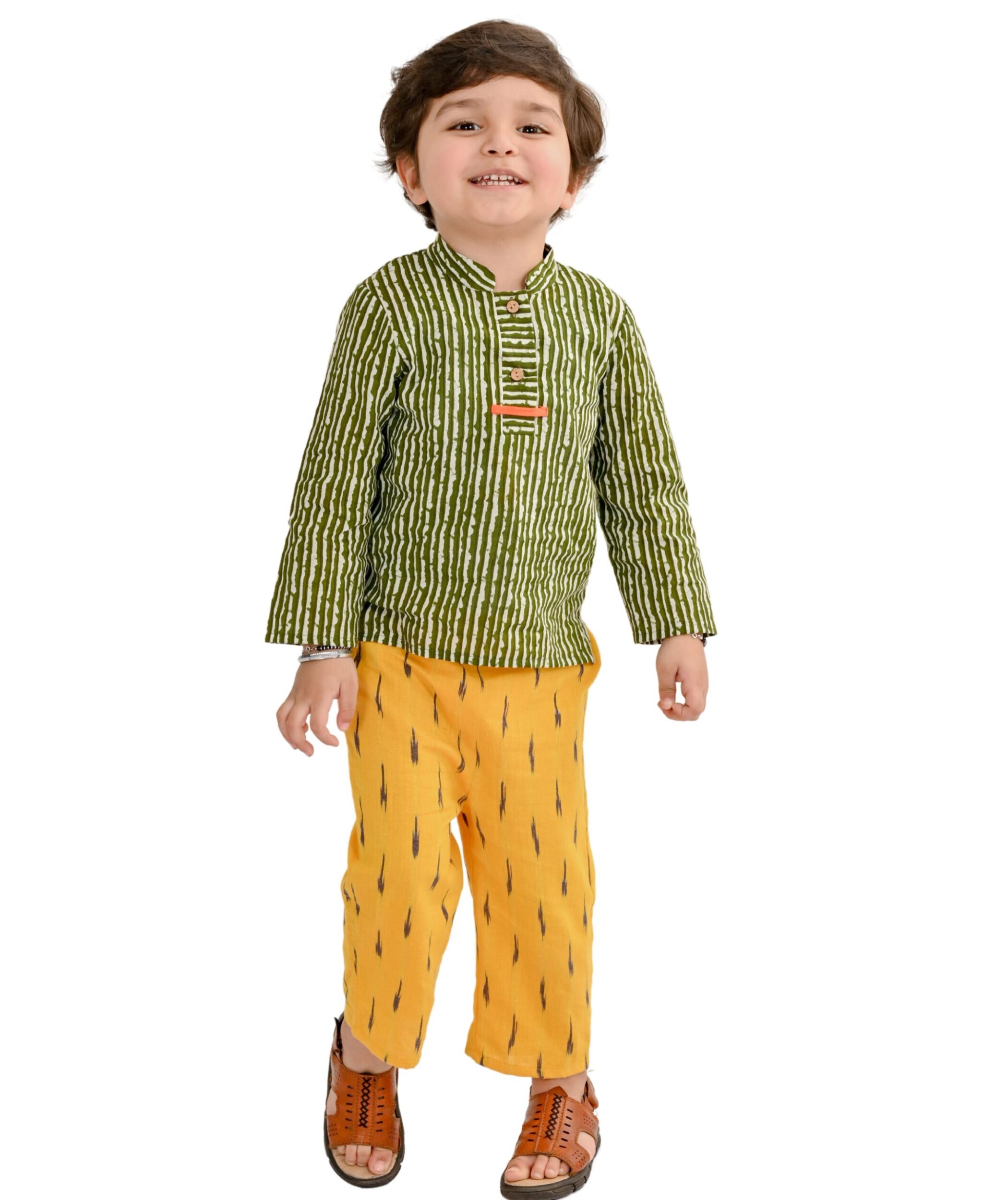 Baby Boys Cotton Shirt With Pant - Green & Yellow Clothing Set